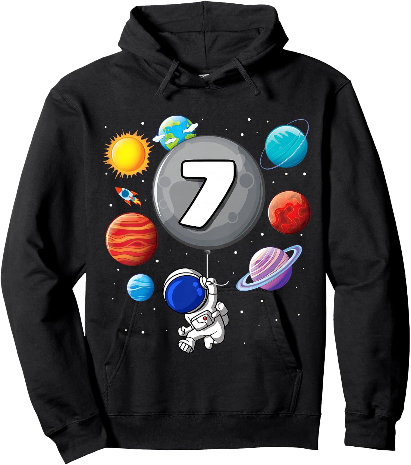 7th Birthday Astronaut Balloon Planet 7 Year Old Boy Hoodie - Hoodie | Black