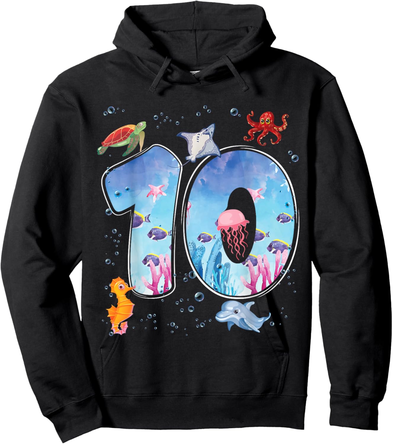 10th Birthday Party Ocean 10 Year Old Sea Fish Aquarium Boy Hoodie - Hoodie | Black