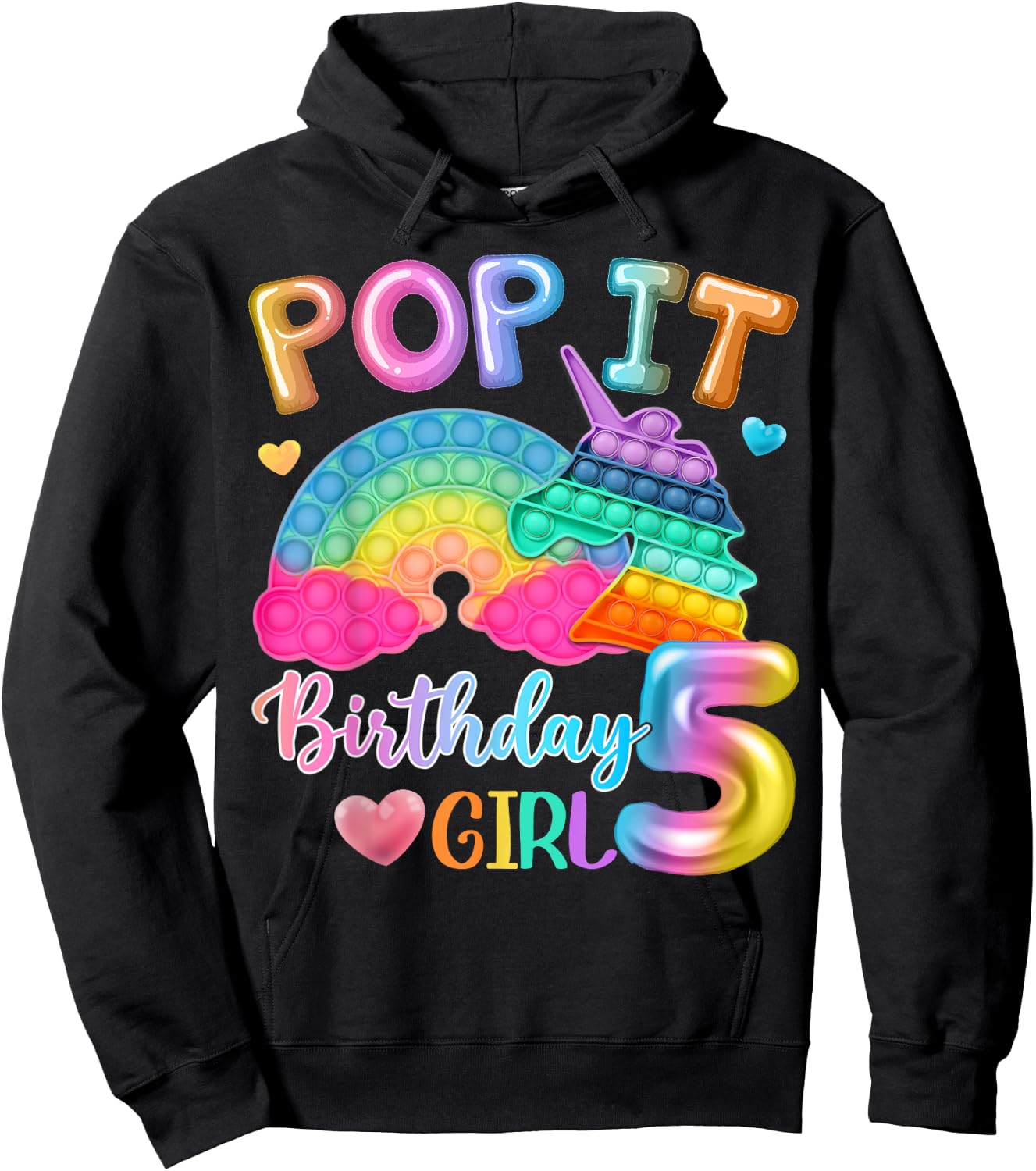 Kids Pop It Birthday Girl 5 for 5yr Old Girls Unicorn Party Hoodie - Hoodie | Black