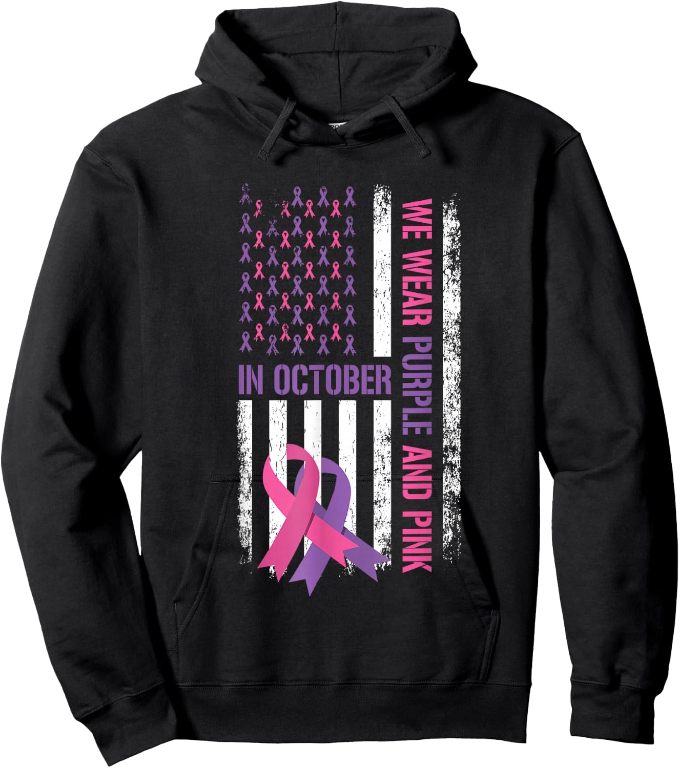 US Flag Breast Cancer and Domestic Violence Awareness Hoodie - Hoodie | Black