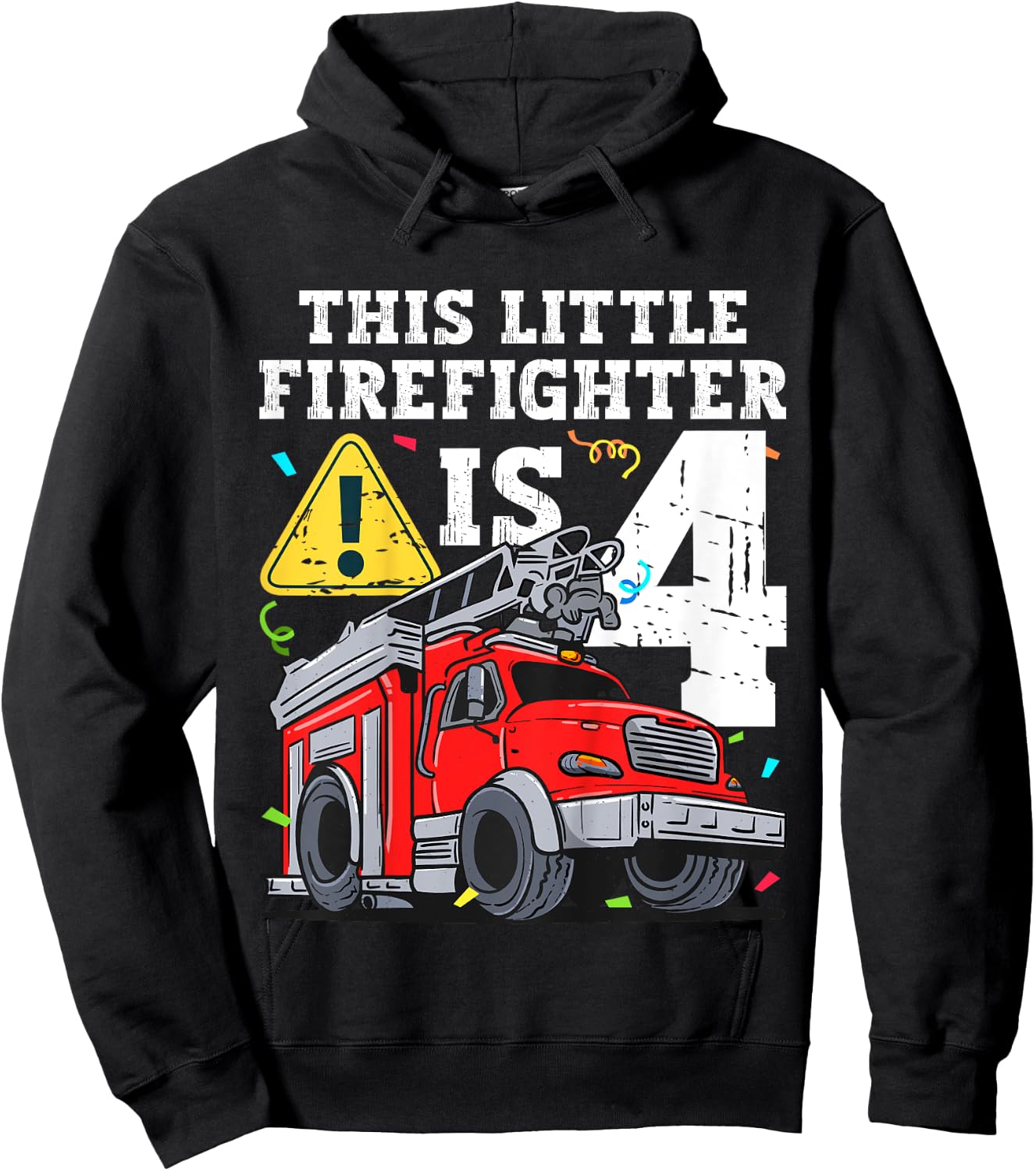 Kids Fire Truck 4 Year Old Firefighter 4th Birthday Toddler Boy Hoodie - Hoodie | Black
