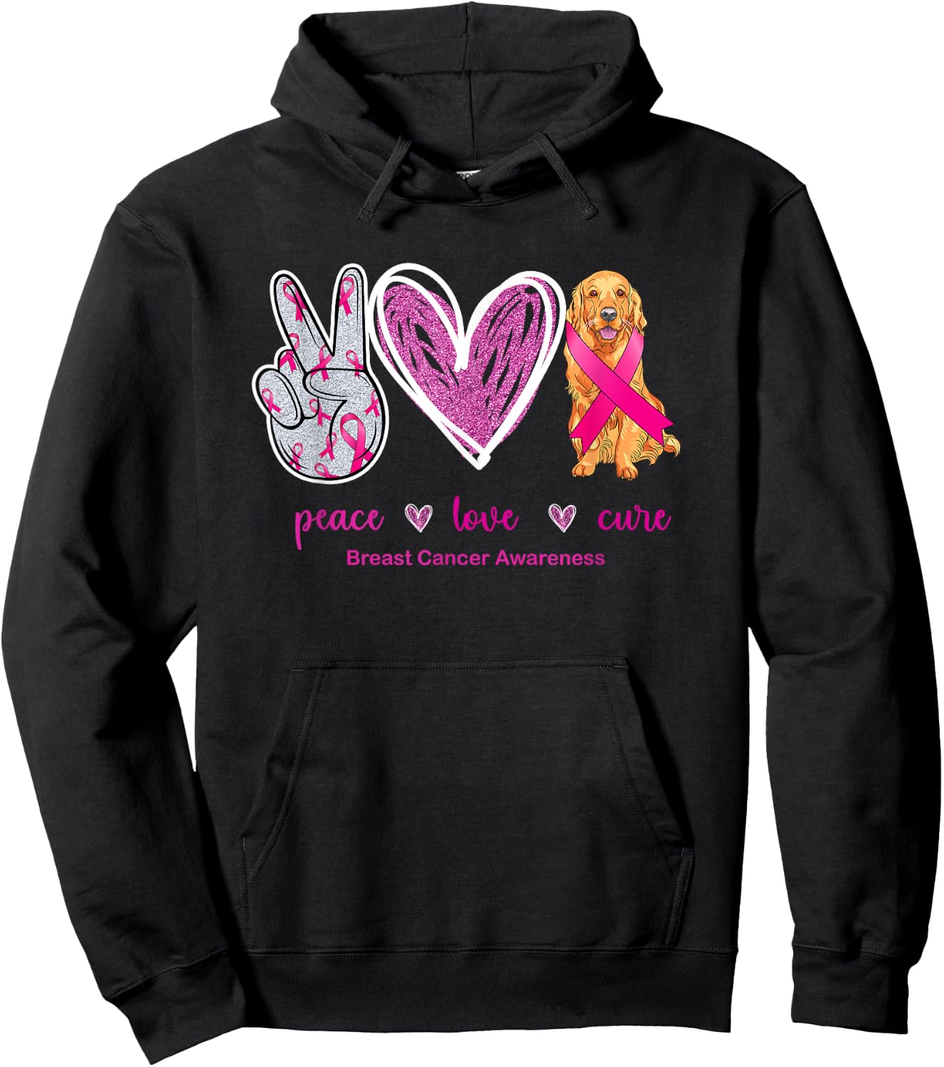 Peace Love Cure Golden Retriever Dog Breast Cancer Awareness Women Hoodie - Hoodie | Black