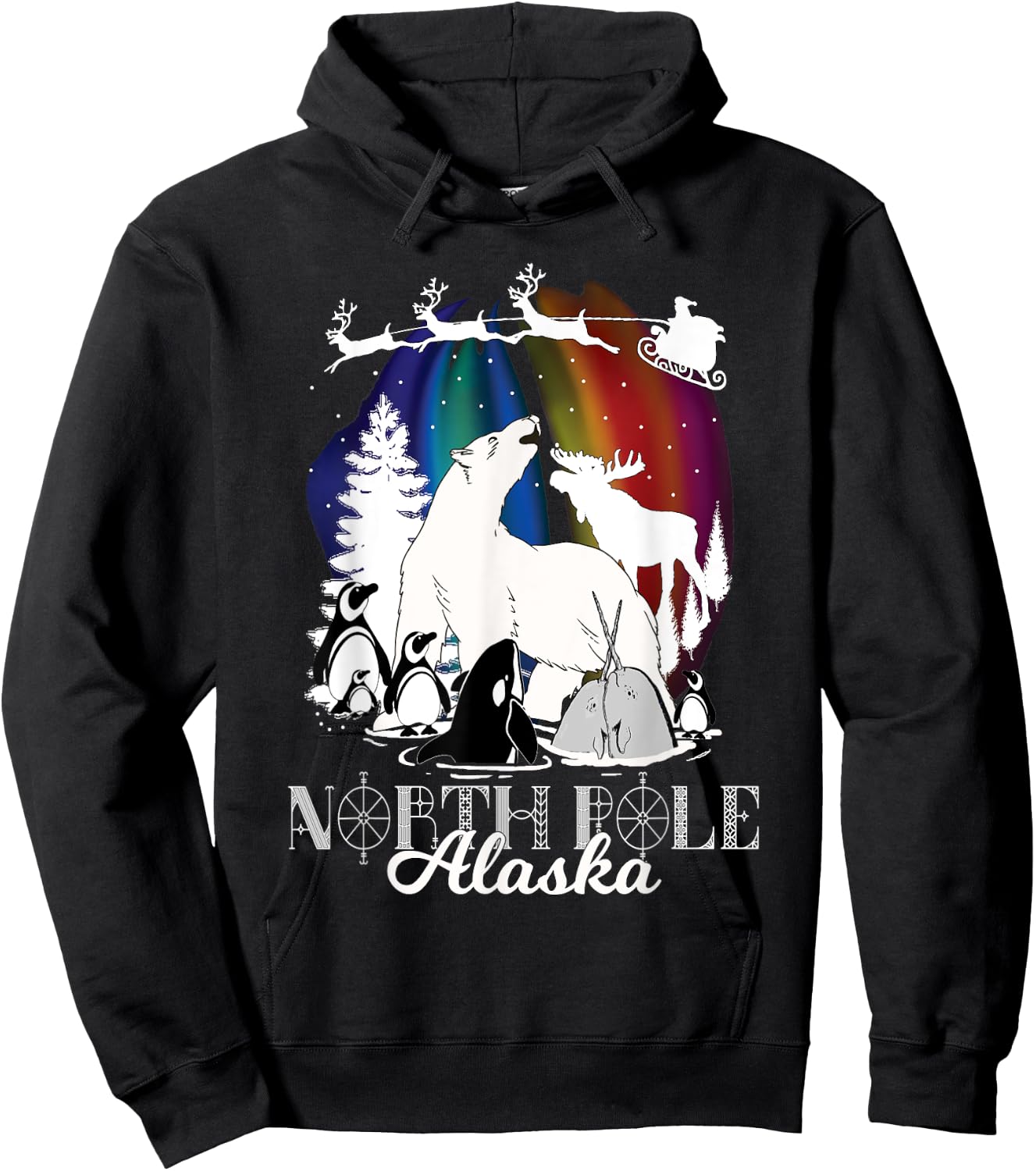 North Pole Alaska Aurora Borealis Christmas Town Wildlife Hoodie - Hoodie | Black