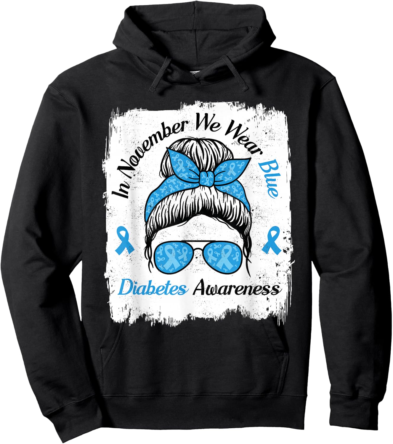 in November We Wear Blue Messy Hair Type Diabetes Awareness Hoodie - Hoodie | Black