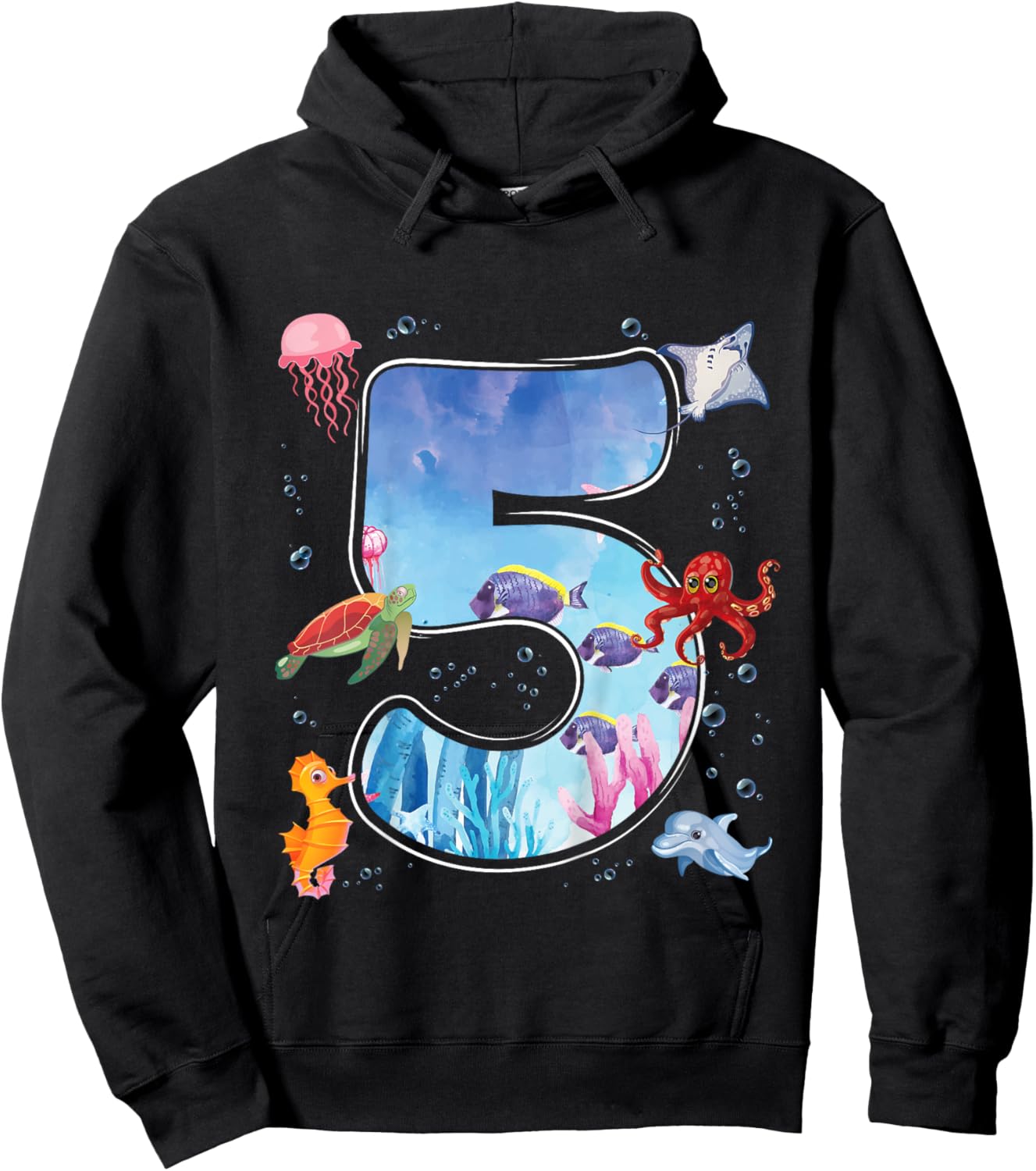 Kids 5th Birthday Party Ocean 5 Year Old Sea Fish Aquarium Boy Hoodie - Hoodie | Black