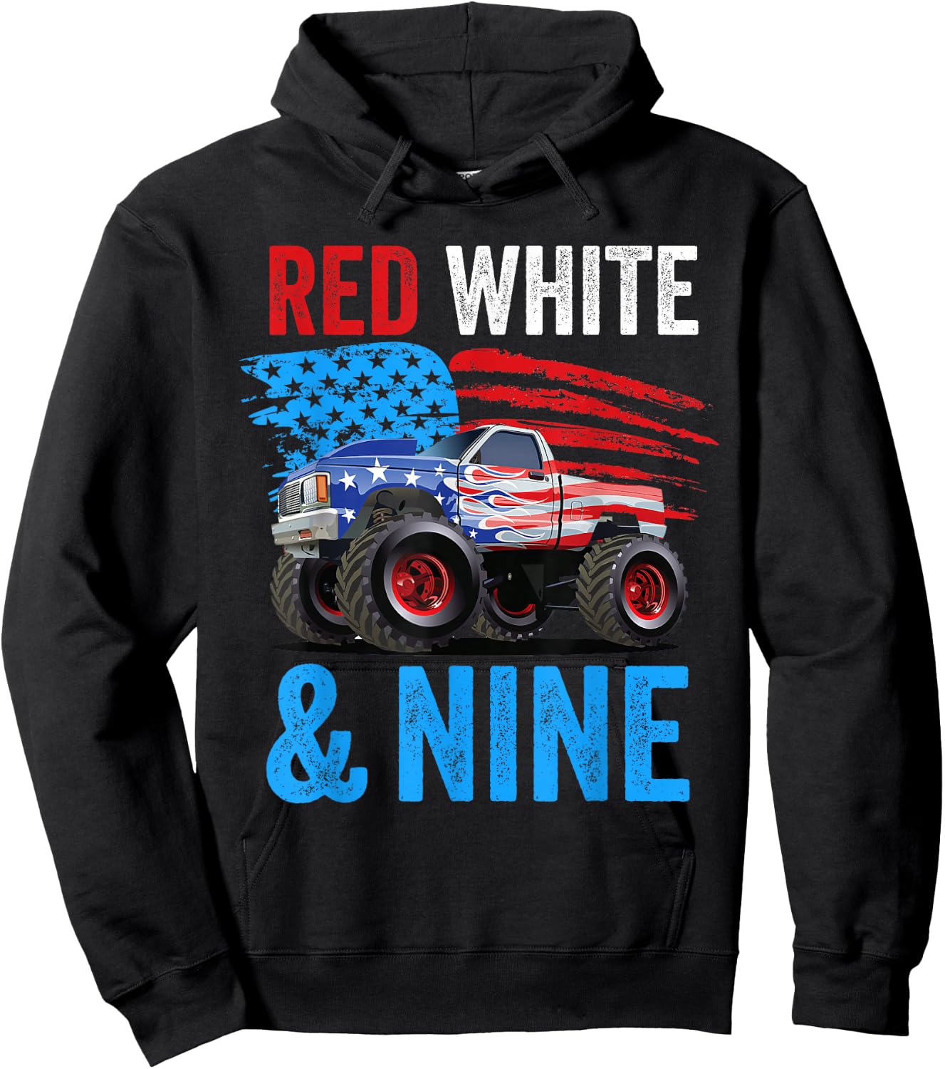 Red White & Nine Monster Truck Boy 9th Birthday USA Flag Hoodie - Hoodie | Black