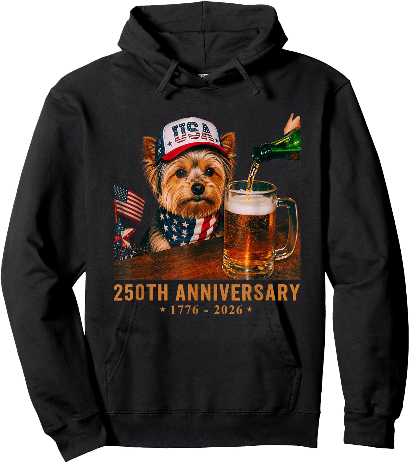 USA 250th Anniversary 4th July Yorkie Dog Dad Drinking Beer Hoodie - Hoodie | Black