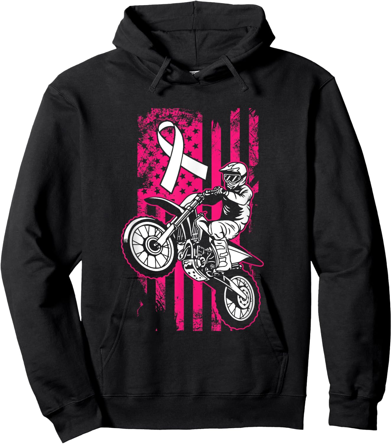 Motocross American Flag Breast Cancer Awareness Pink Ribbon Hoodie - Hoodie | Black