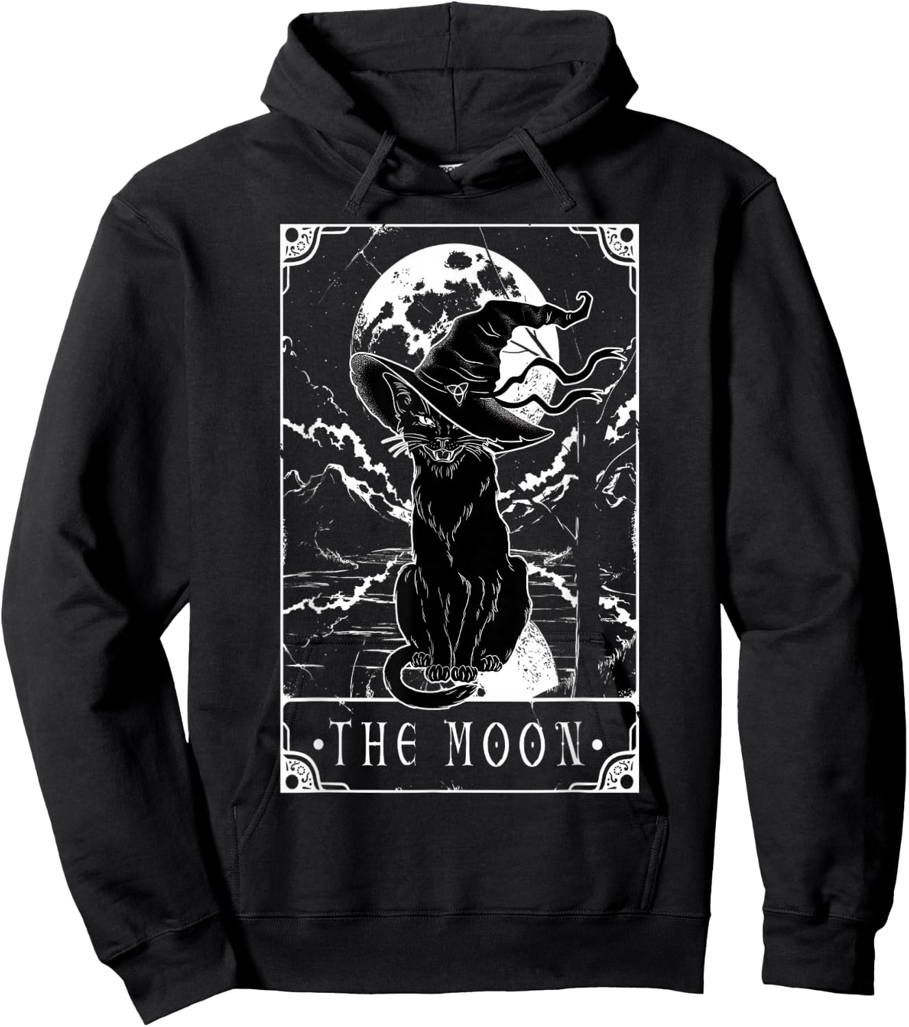 Tarot Card Crescent Moon And Black Cat Witch Hat Halloween Hoodie - Hoodie | Black