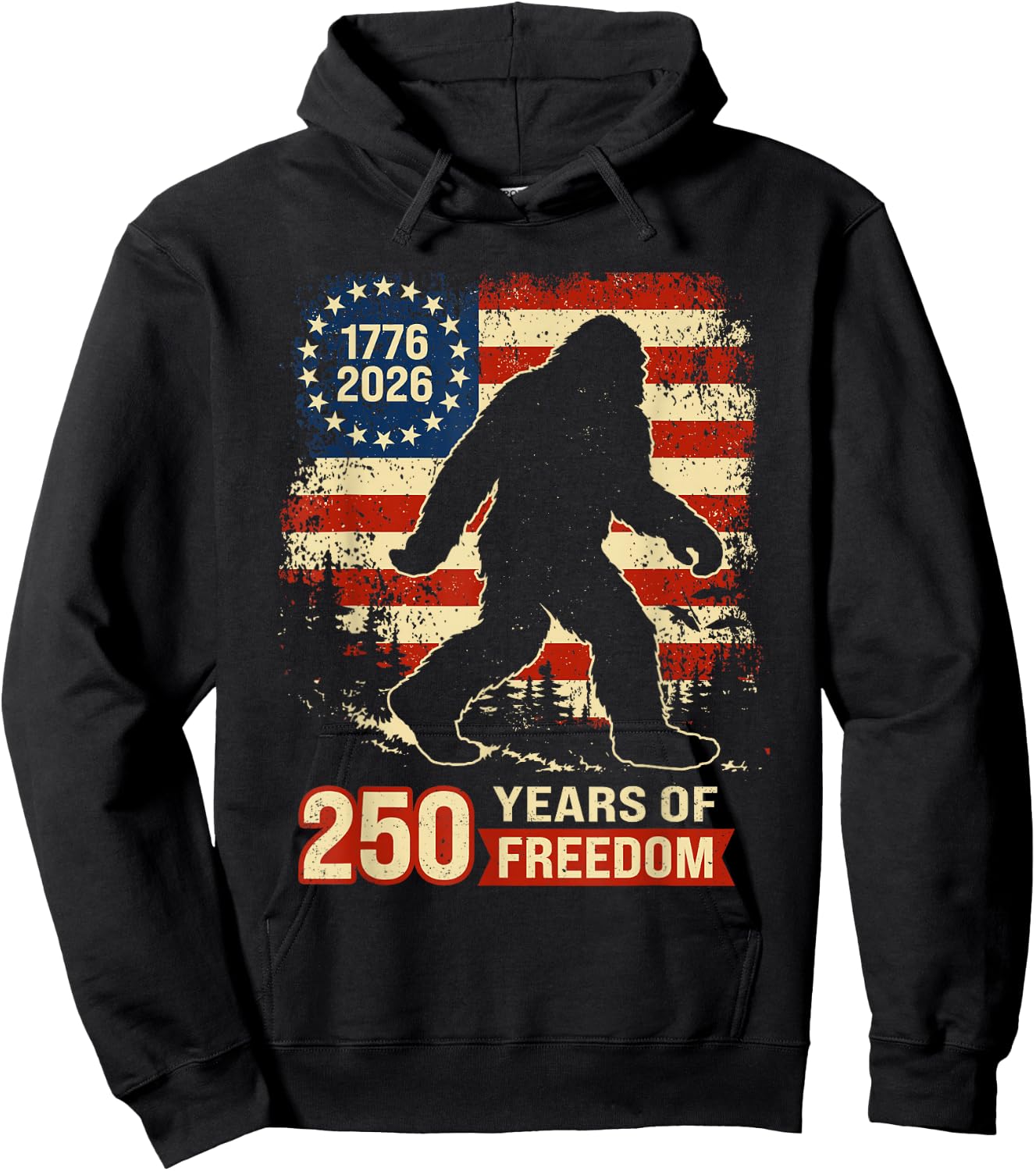 Bigfoot Patriotic 250 Anniversary Freedom American USA Flag Hoodie - Hoodie | Black