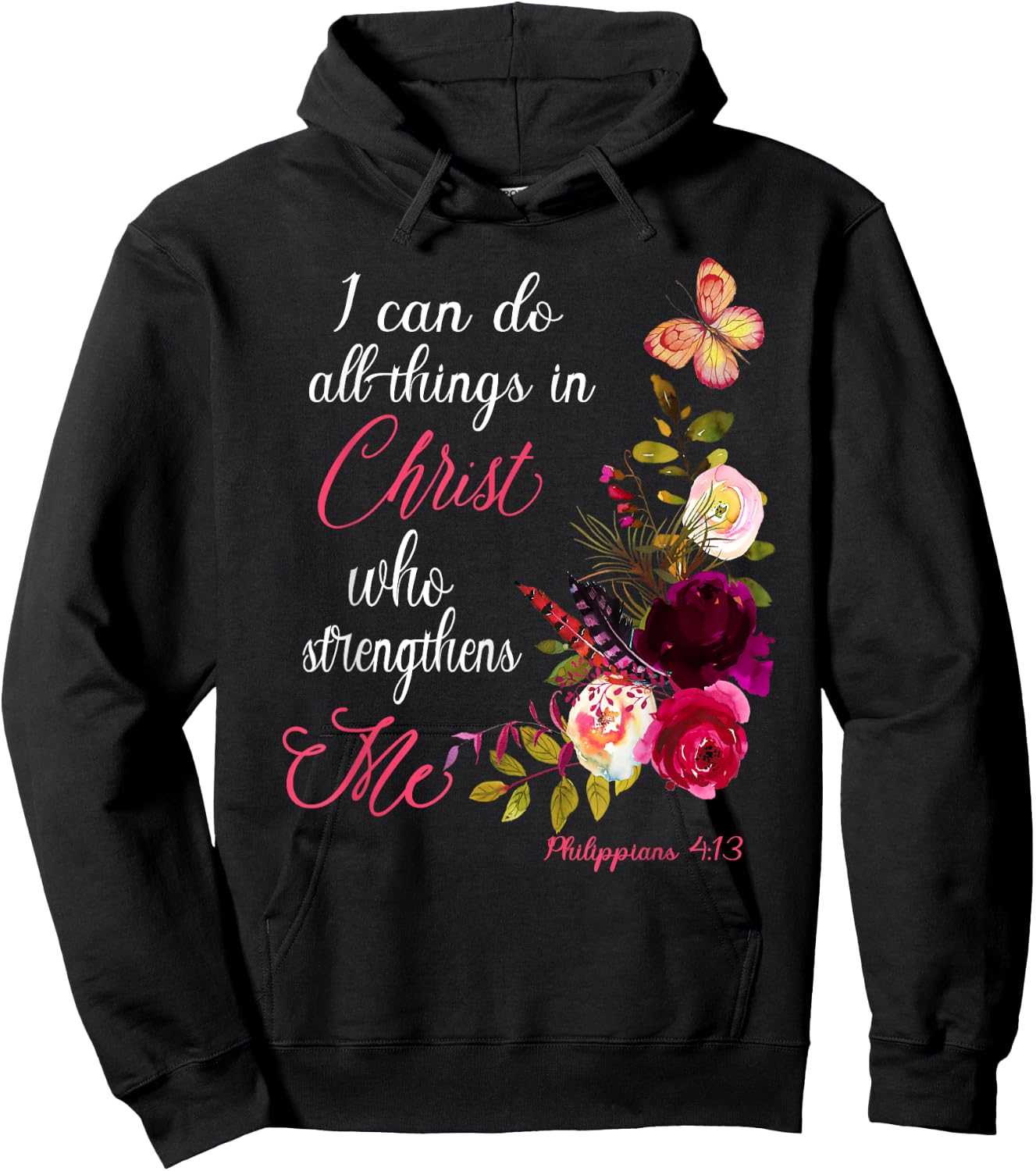 Christian Bible Verse Floral Butterfly Philippians 4:13 Hoodie - Hoodie | Black
