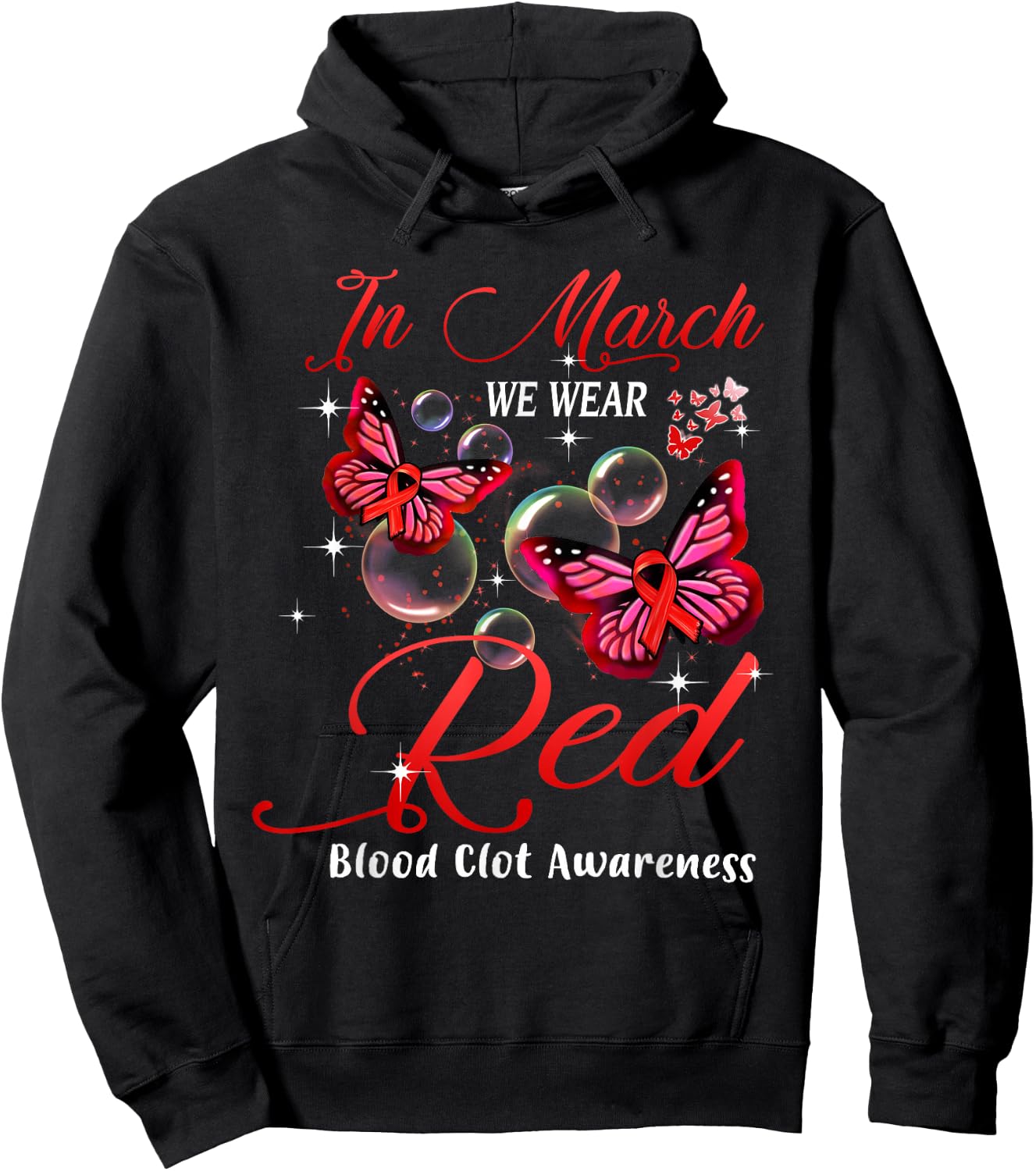 In March We Wear Red Butterfly Blood Clot Awareness Gifts Hoodie - Hoodie | Black