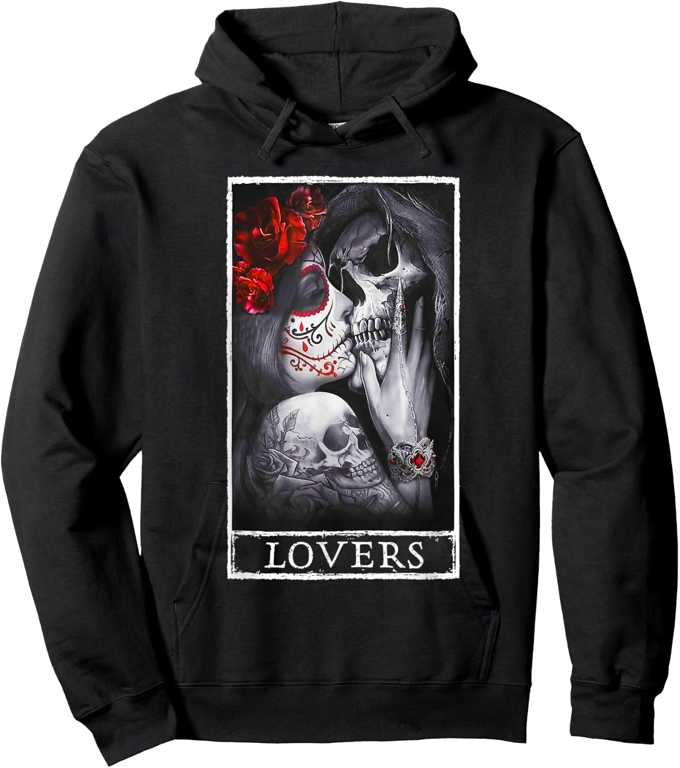 Woman Kissing Skeleton Skull Lovers Red Roses Goth Couple Hoodie - Hoodie | Black
