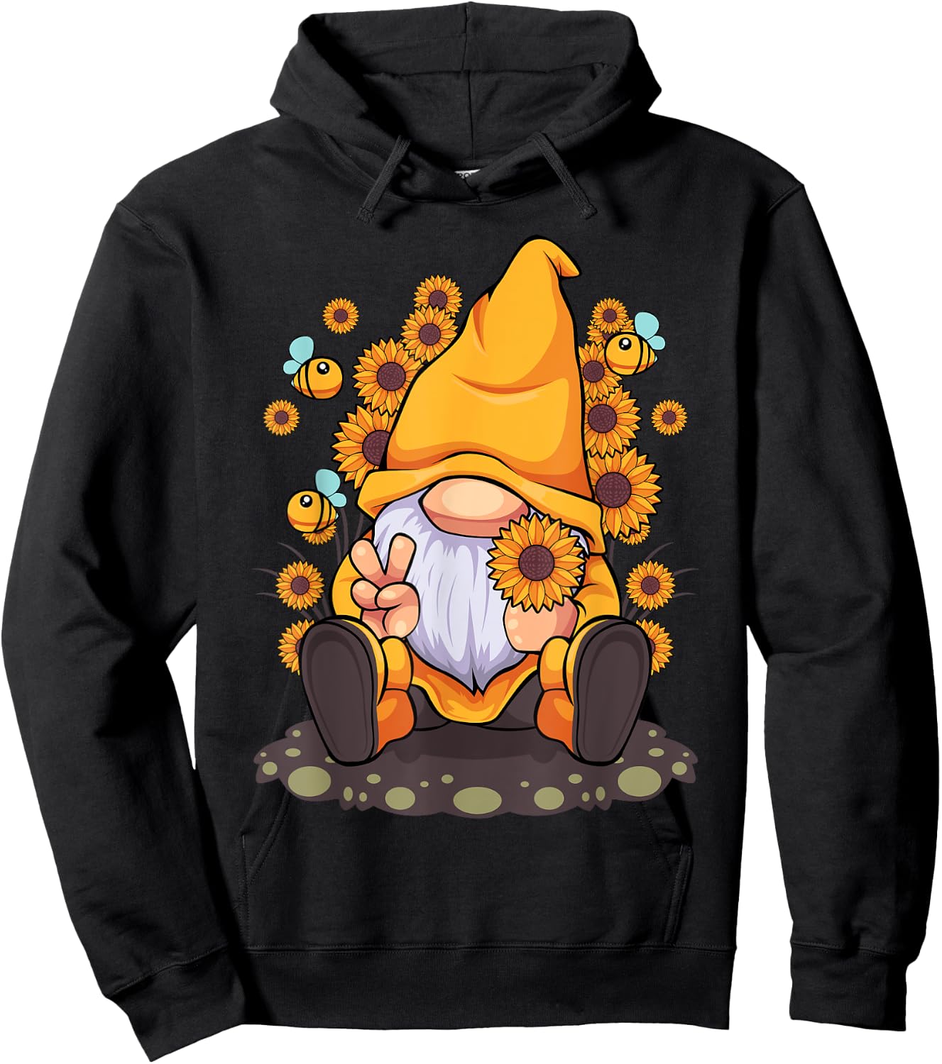 Funny Hippie Sunflower Gnome with Bee Flower Summer Men Women Hoodie - Hoodie | Black