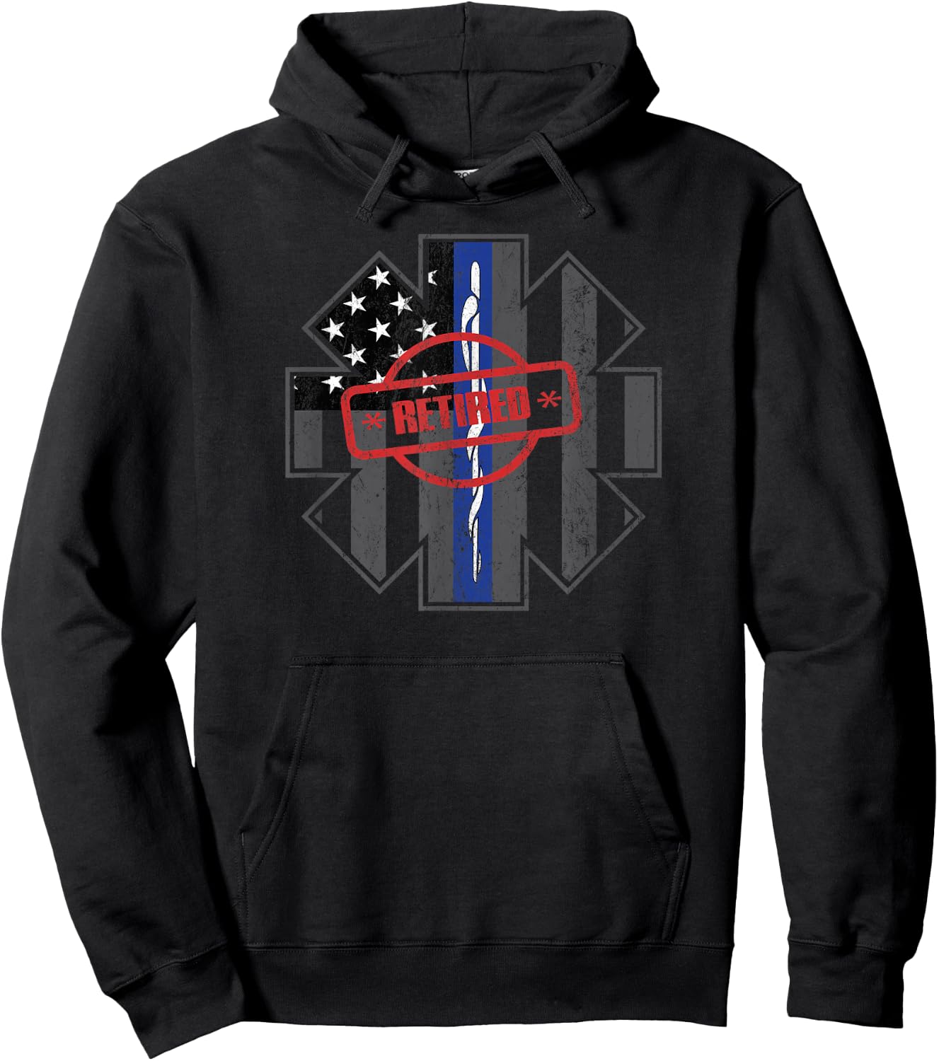Retired EMT Paramedic Thin Blue Line Distressed Hoodie - Hoodie | Black