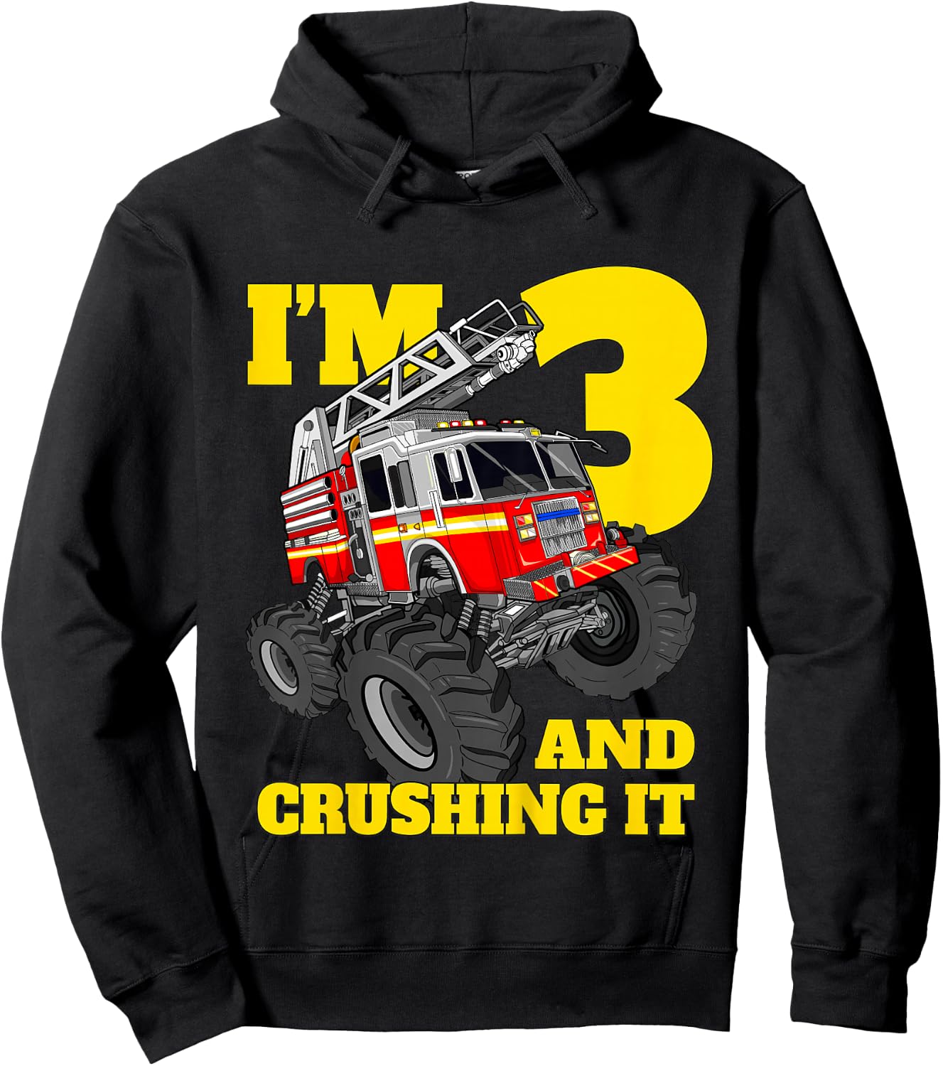 Kids Monster Fire Truck 3rd Birthday Boy Toddler 3 Firefighter Hoodie - Hoodie | Black