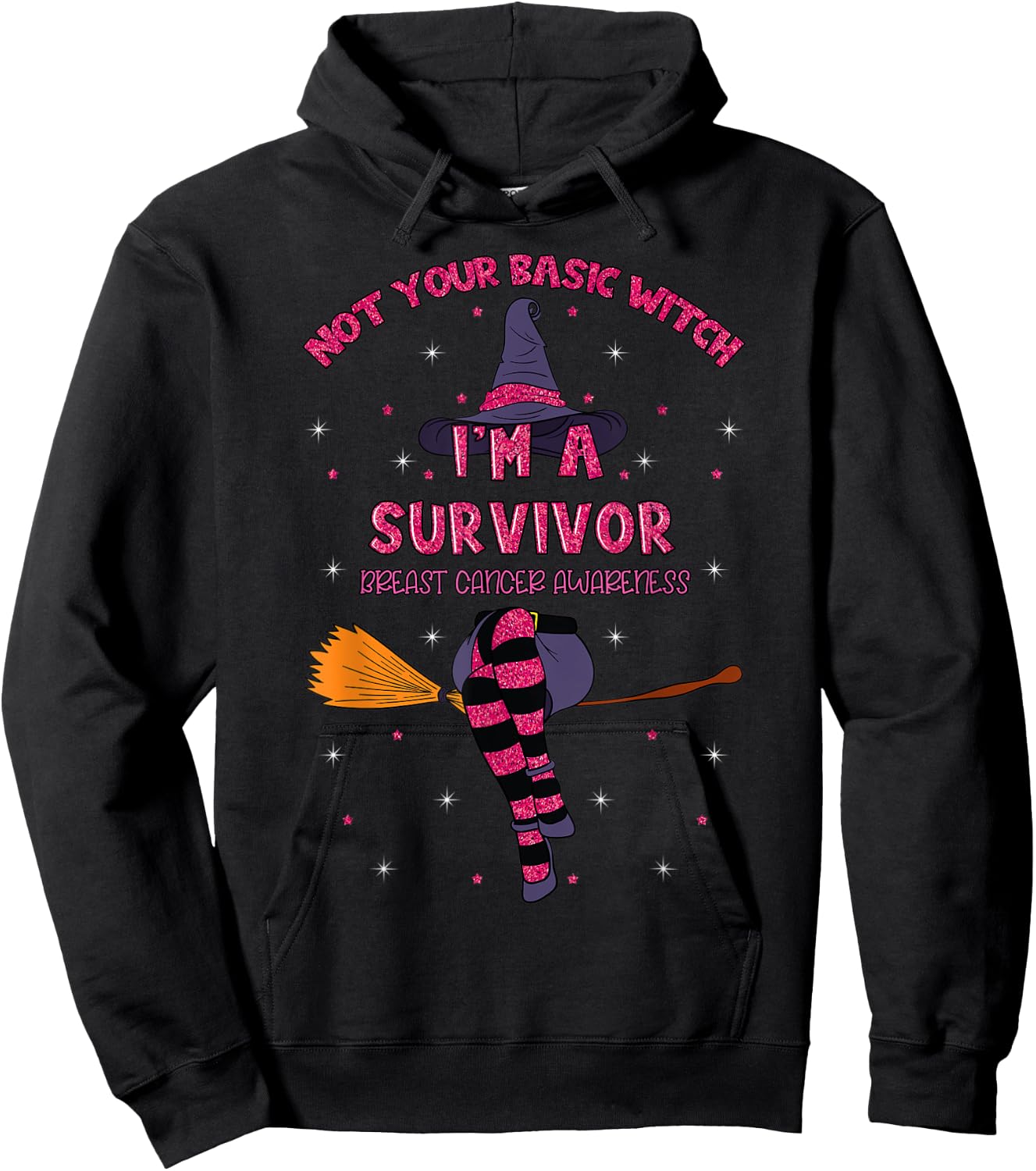 Halloween Witch Pink Awareness Ribbon Breast Cancer Survivor Hoodie - Hoodie | Black