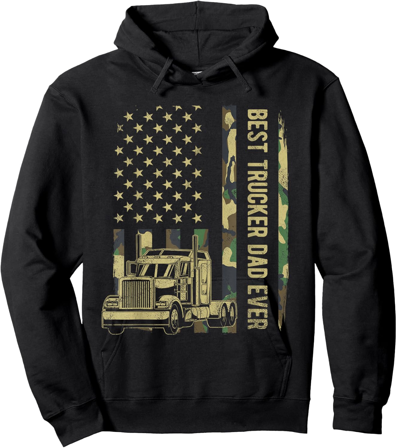 Best Trucker Dad Camouflage American Flag Fathers Day Hoodie - Hoodie | Black