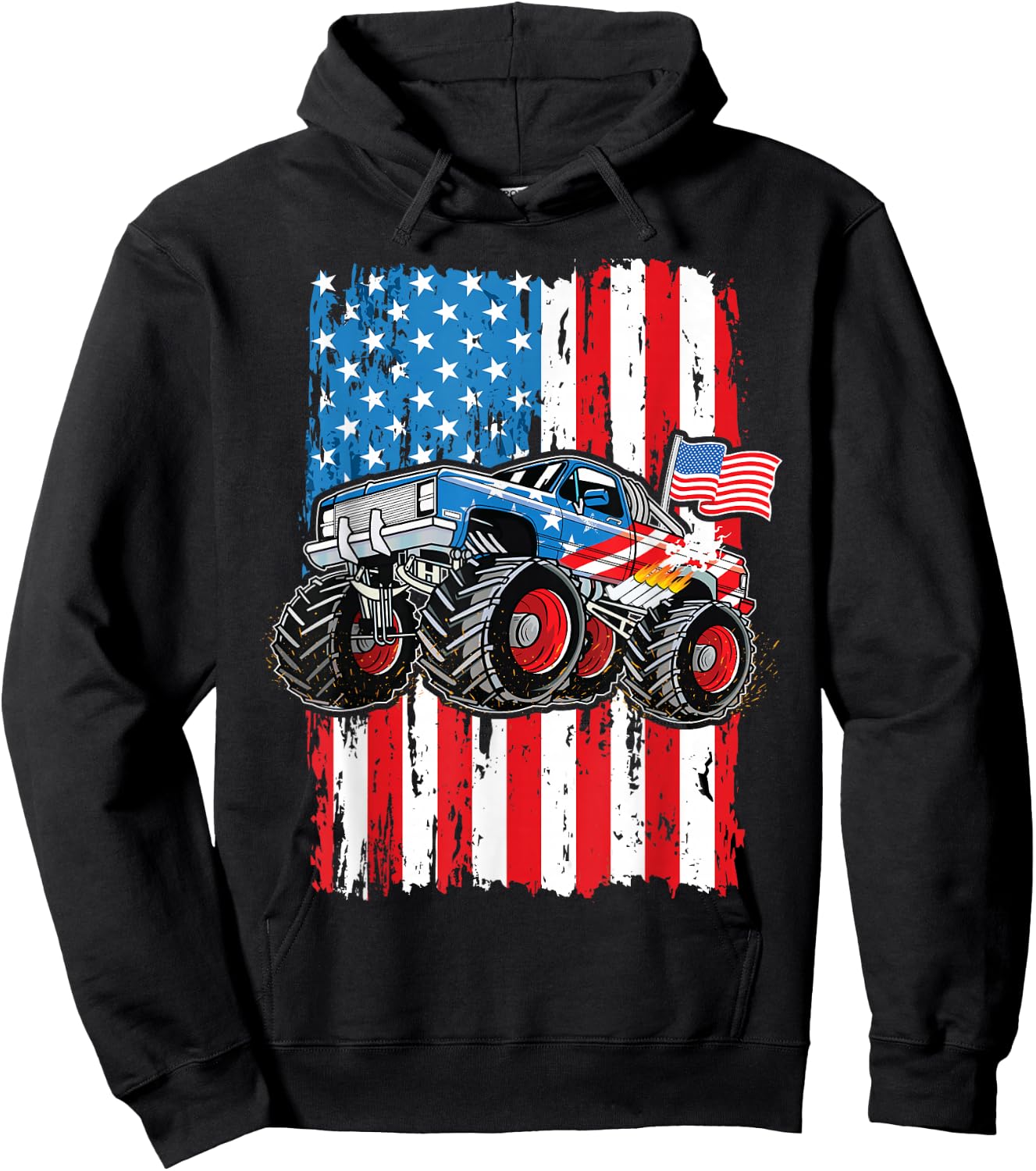 Monster Truck USA Flag Patriotic Boys Men 4th of July Hoodie - Hoodie | Black
