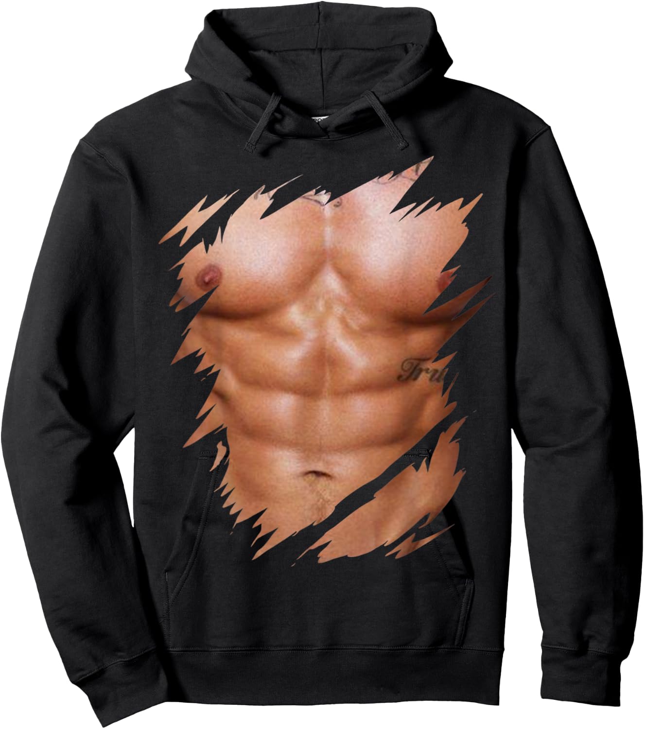 Fake Muscles Ripped Torn Chest Six Pack Abs Hoodie - Hoodie | Black