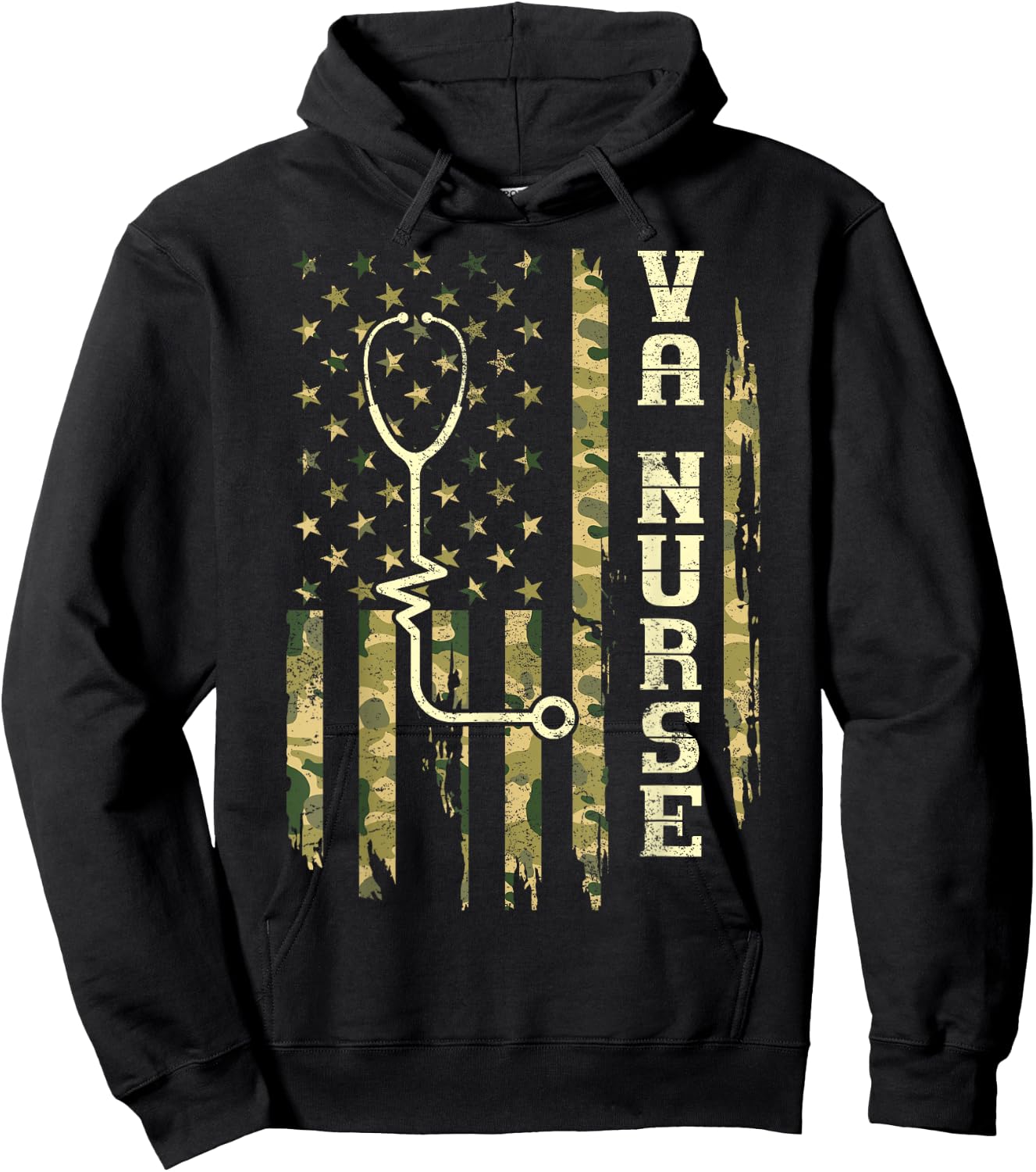 VA Nurse Camouflage American Flag Patriotic Medical Worker Hoodie - Hoodie | Black