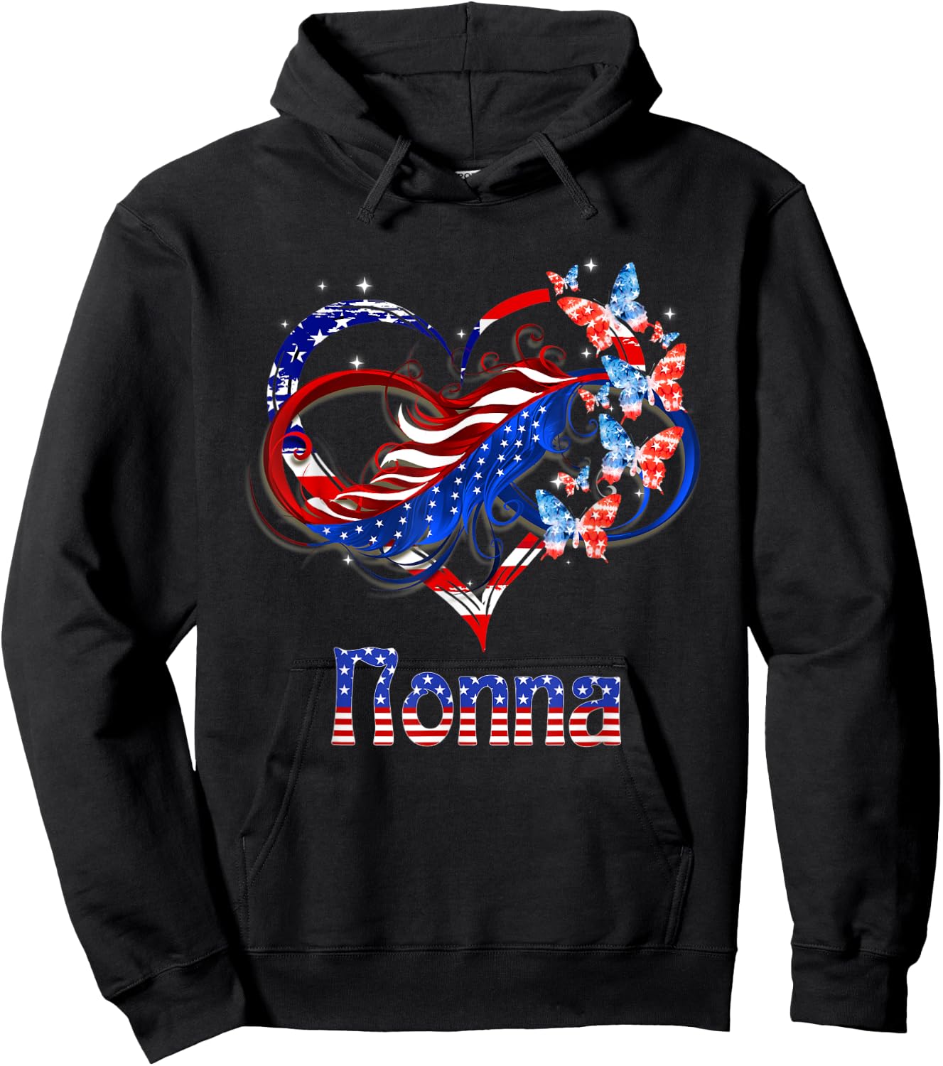 American Nonna Heart Butterlfies Patriotic 4th Of July Hoodie - Hoodie | Black