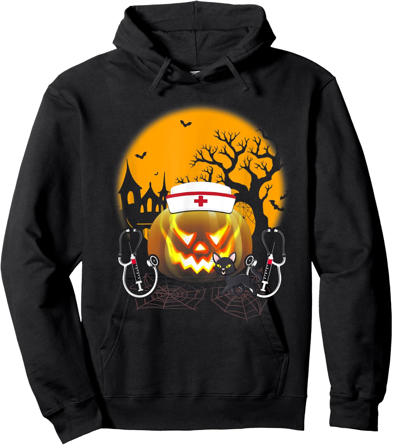 Funny Cute Nurse Costume Halloween Stethoscope Pumpkin Gift Hoodie - Hoodie | Black