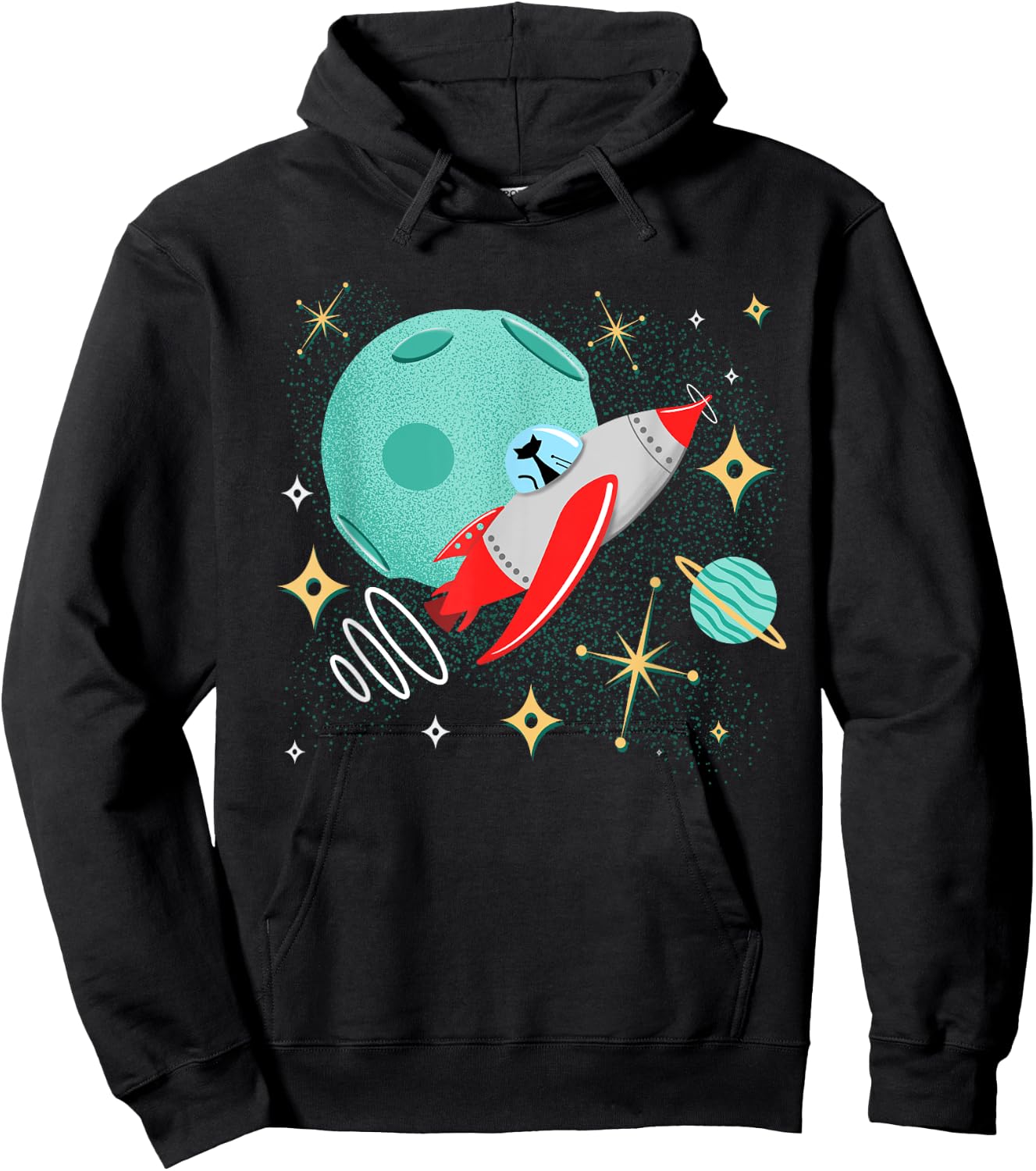 Atomic Rocket Cat Funny Mid-Century Cat Futuristic Spaceship Hoodie - Hoodie | Black