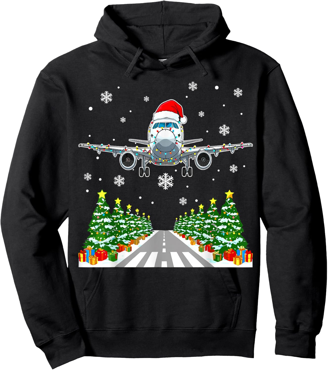 Christmas Airplane Santa Trees Lights Pilot Aviation Hoodie - Hoodie | Black