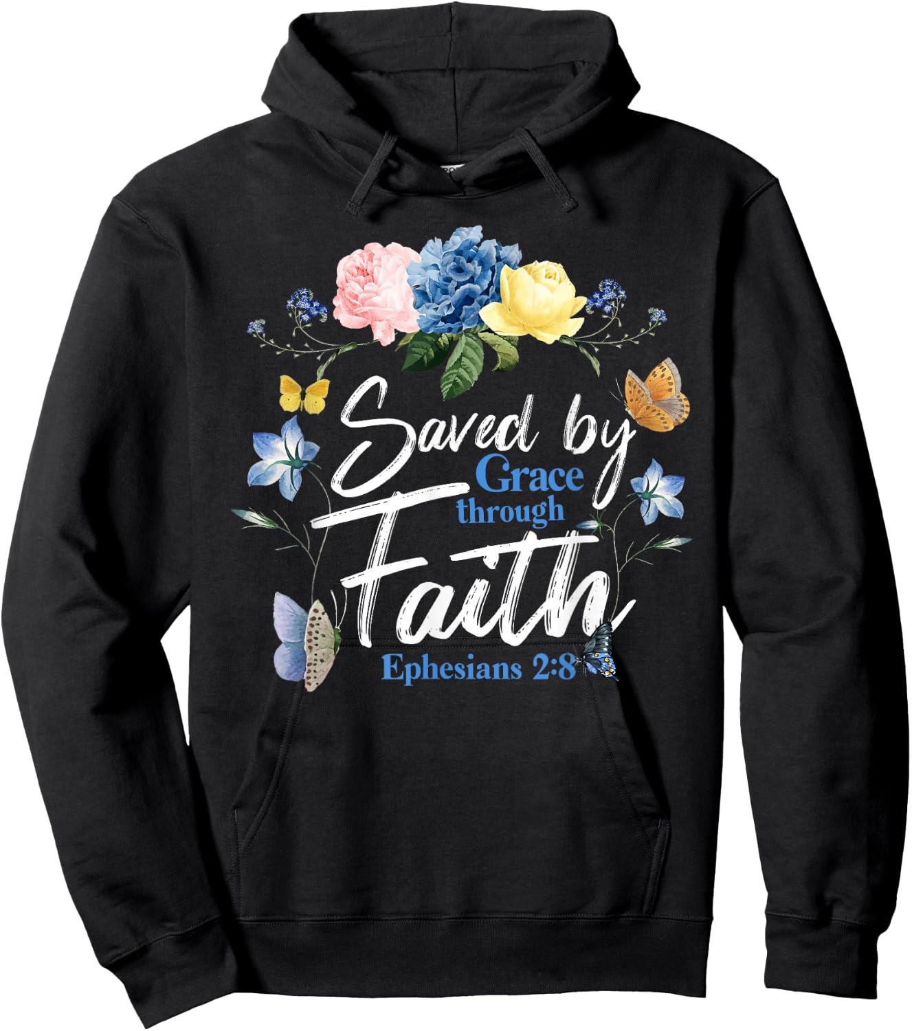 Christian Bible Verse Butterfly Rose Flower Ephesians 2:8 Hoodie - Hoodie | Black
