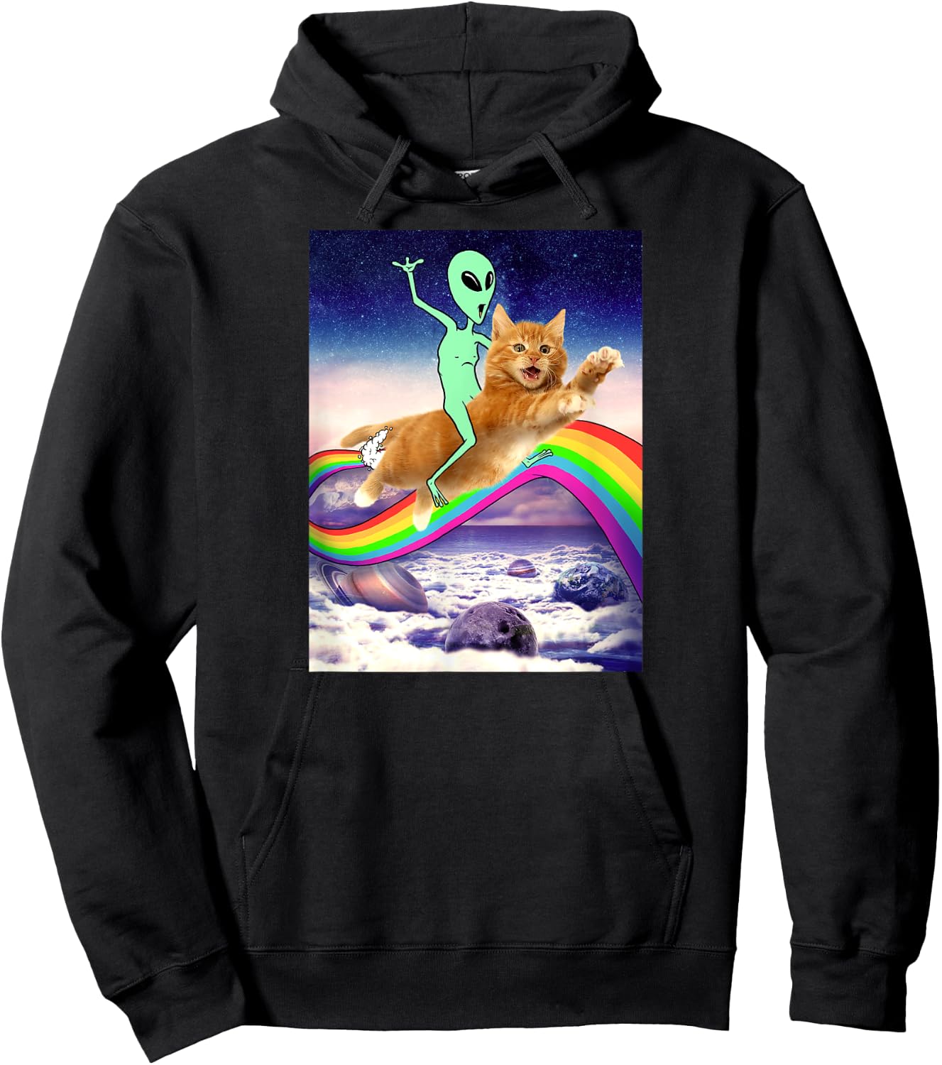 Alien Riding Cat Over Rainbow Men Women Kids Hoodie - Hoodie | Black