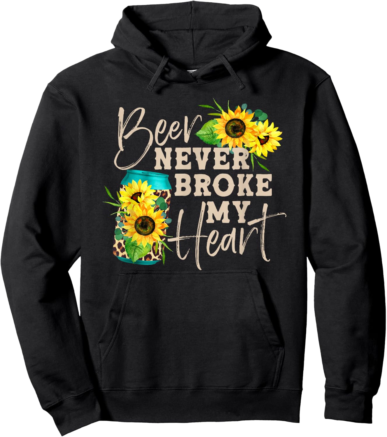 Beer Never Broke My Heart Sunflower Leopard Print Beer Lady Hoodie - Hoodie | Black