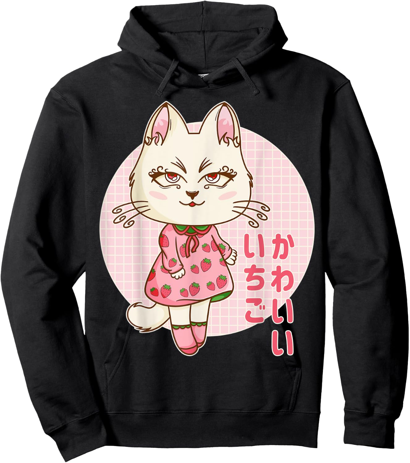 Retro 90s Japanese Kawaii Strawberry Pink Pastel Chibi Cat Men Women Kids Hoodie - Hoodie | Black