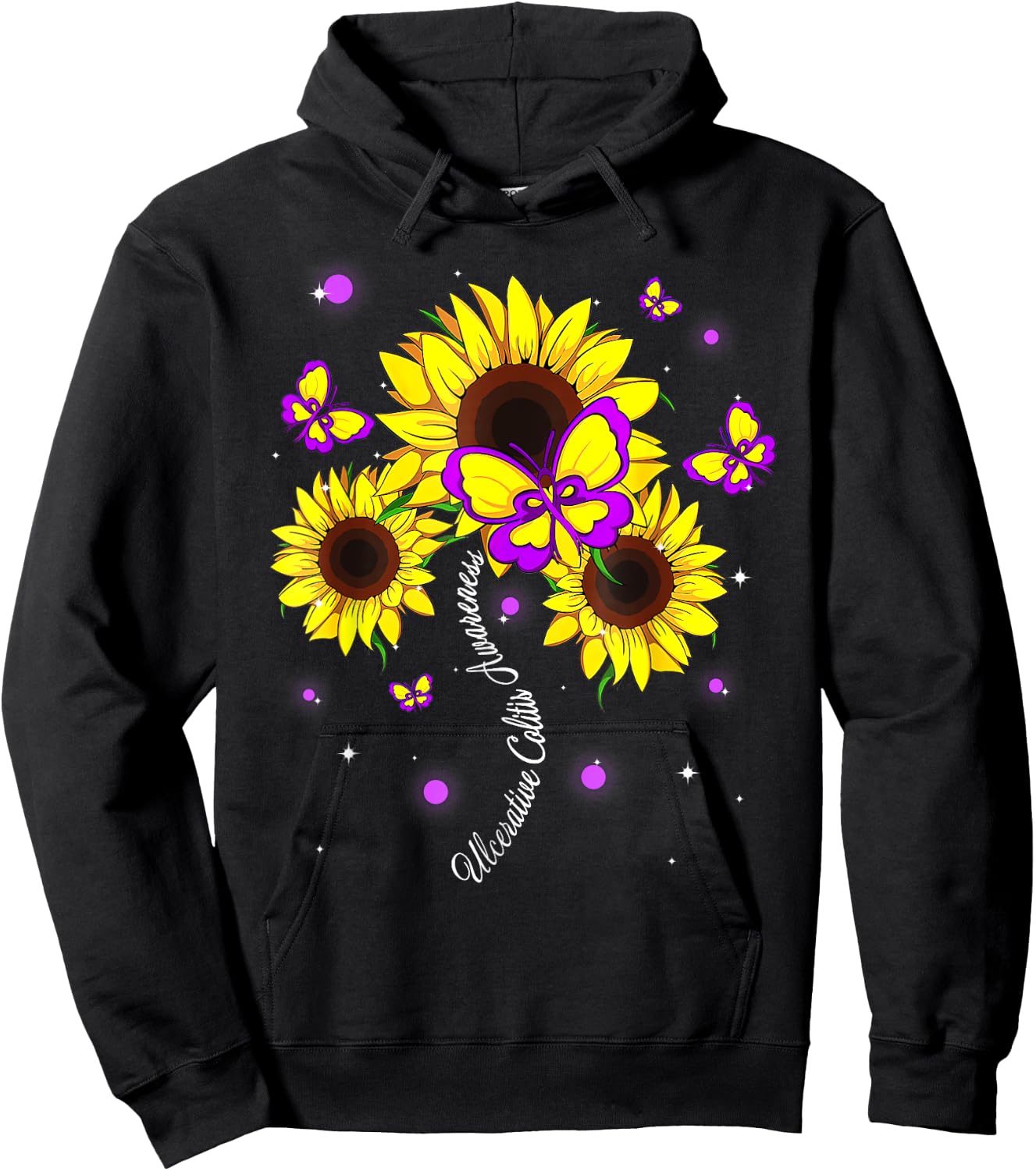 Ulcerative Colitis Awareness Sunflower Butterfly Ribbon Hoodie - Hoodie | Black