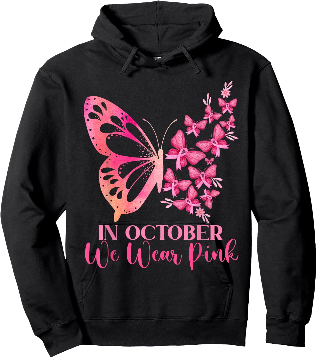 In October We Wear Pink Butterfly Breast Cancer Awareness Hoodie - Hoodie | Black