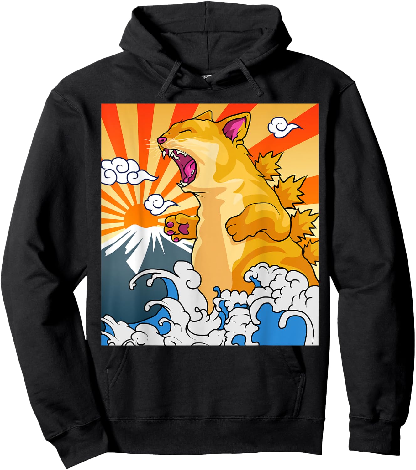 Catzilla Vintage Kawaii Cute Cat Art Japanese Sunset Hoodie - Hoodie | Black