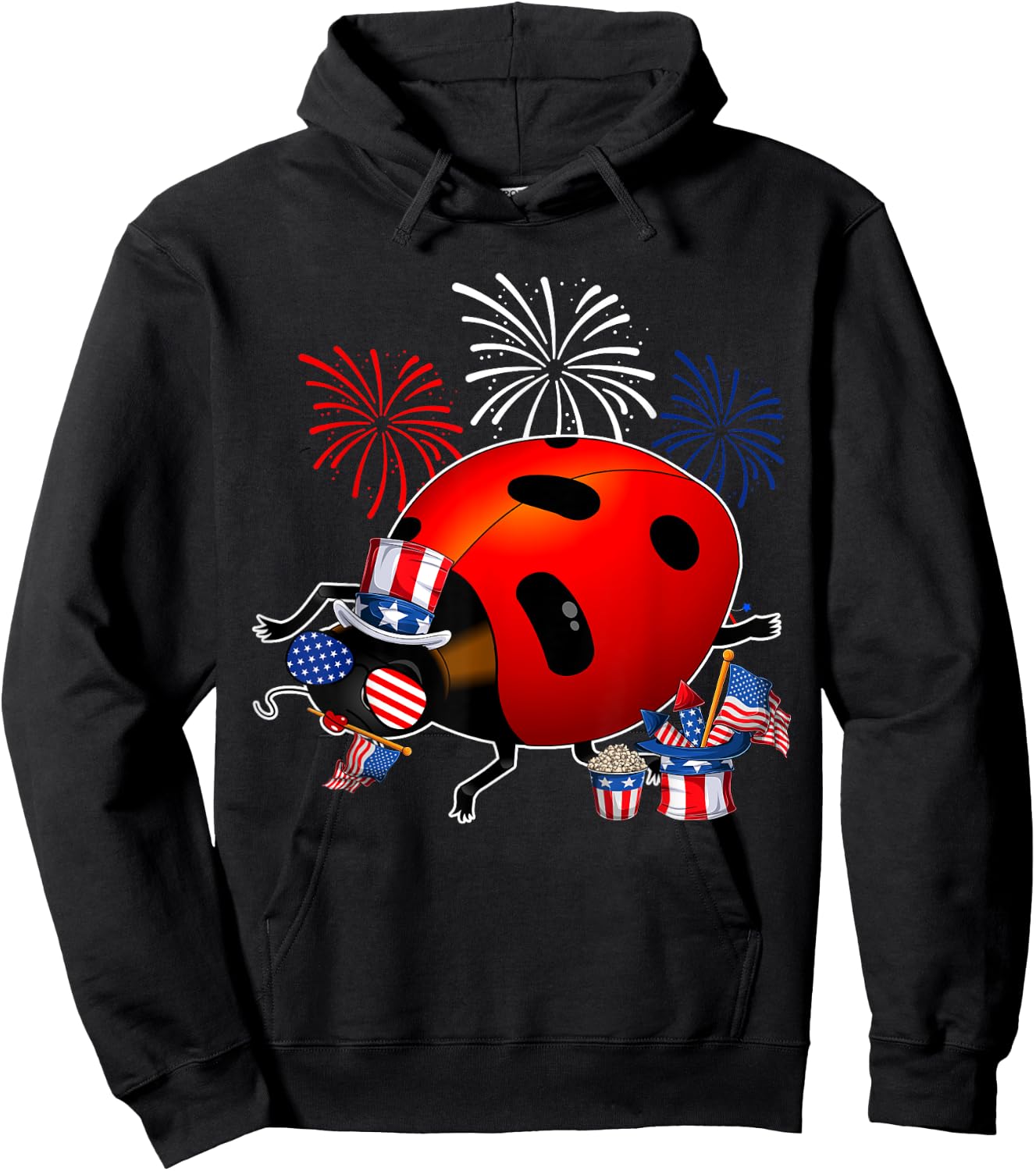 Ladybug Holding American Flag Sunglasses Happy 4th Of July Hoodie - Hoodie | Black
