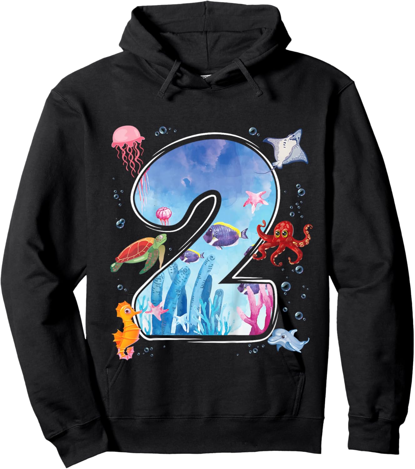 Kids 2nd Birthday Party Ocean 2 Year Old Sea Fish Aquarium Boy Hoodie - Hoodie | Black
