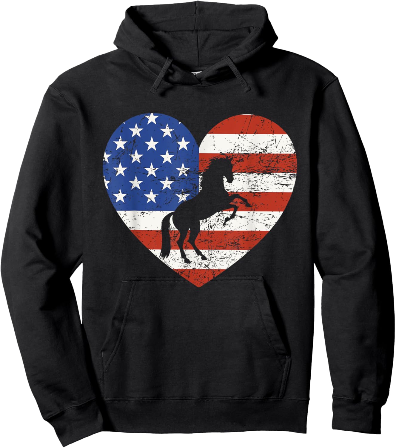 Horse American Flag Heart 4th of July USA Patriotic Pride Hoodie - Hoodie | Black