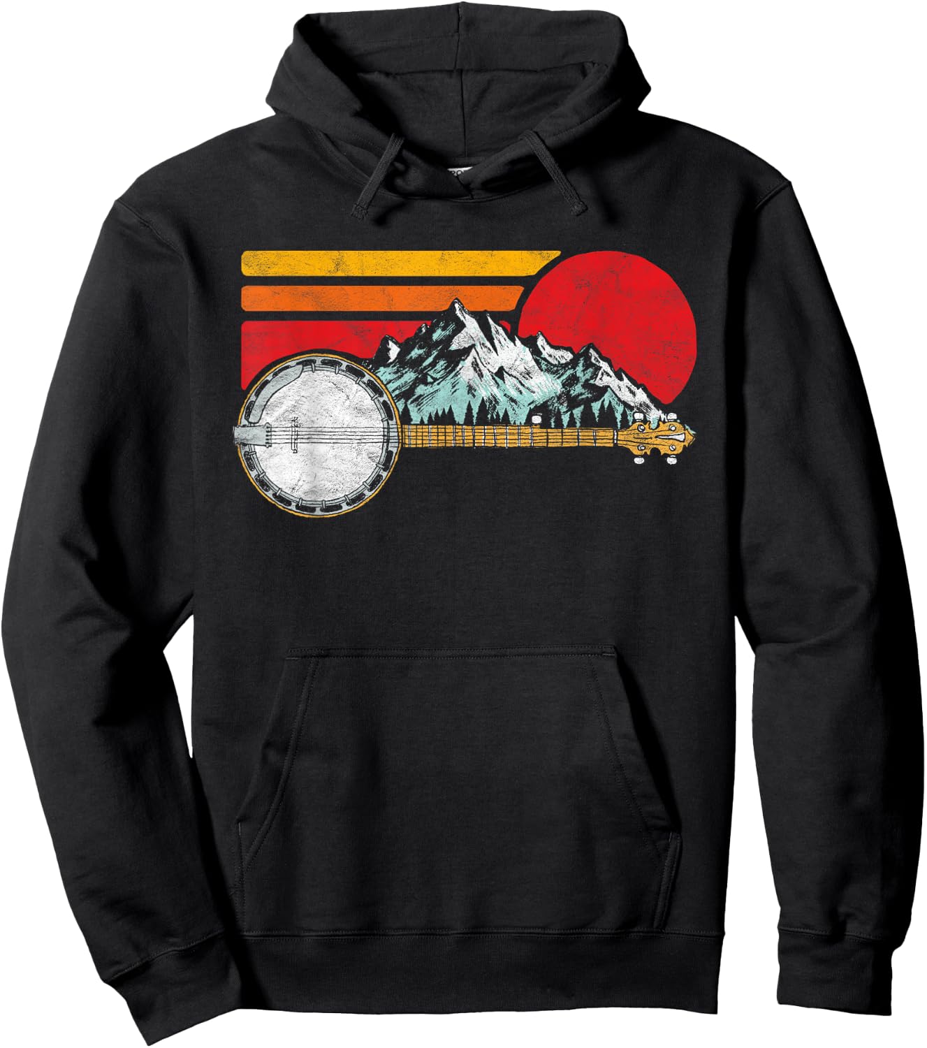 Retro Banjo Mountains & Sun Sketch Surf Style 80's Graphic Hoodie - Hoodie | Black