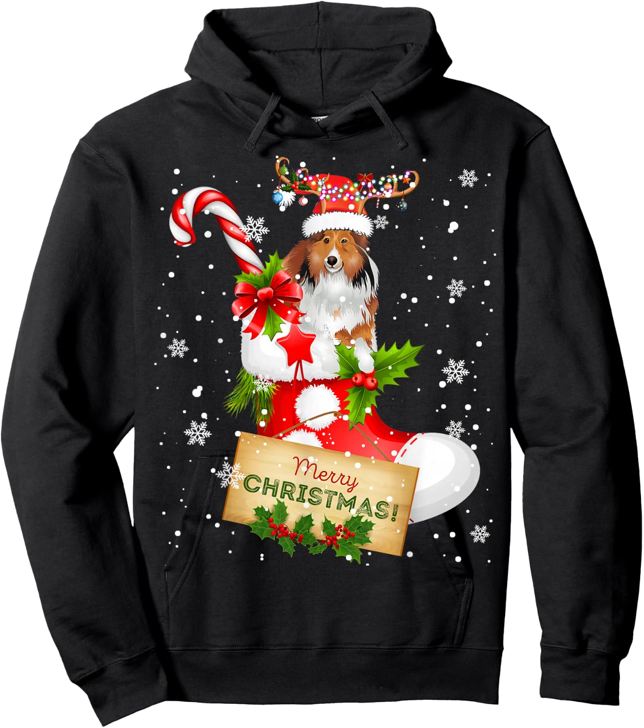 Merry Christmas Xmas Lights Santa Reindeer Sheltie In Sock Hoodie - Hoodie | Black