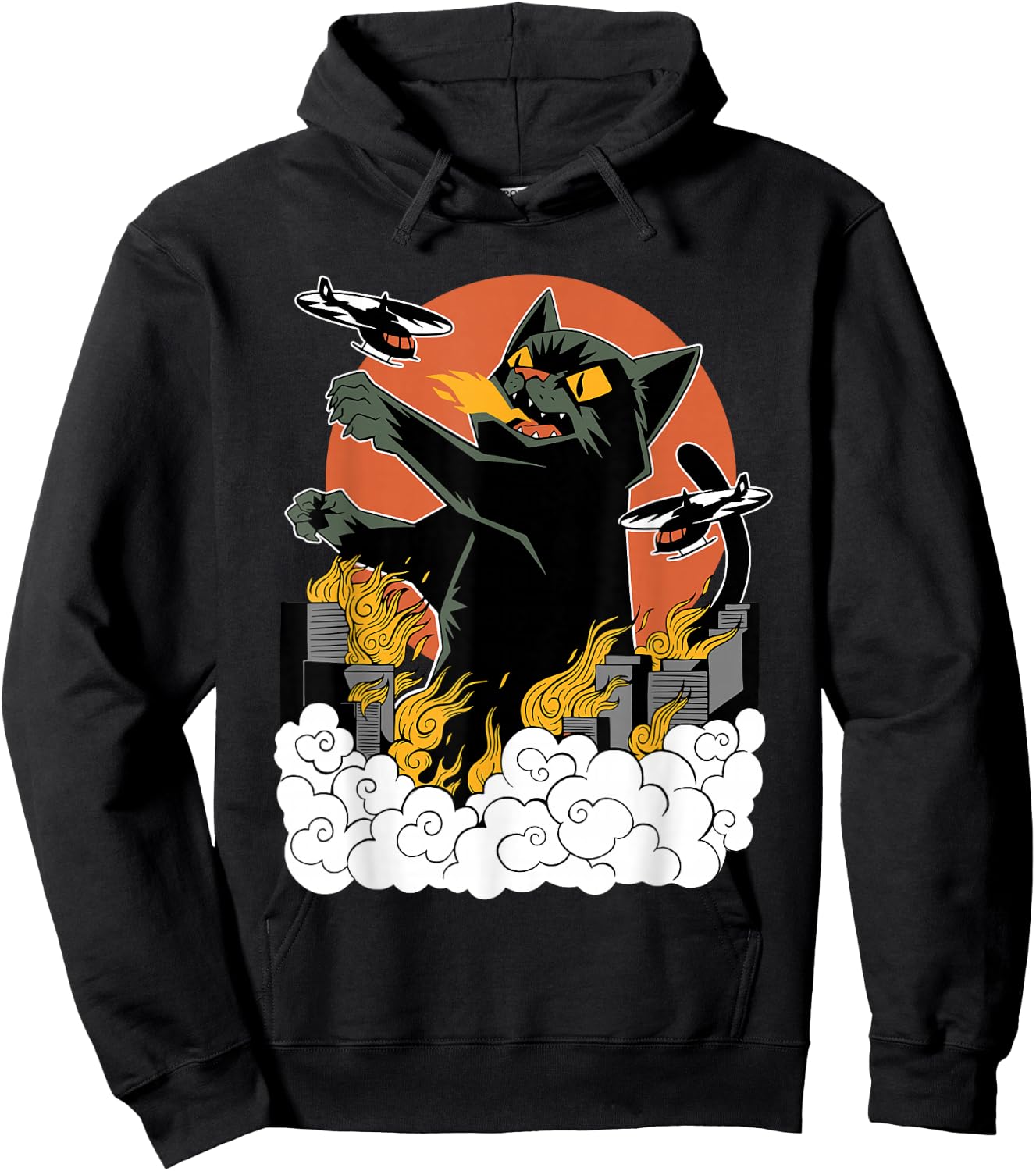 Black Japanese Catzilla Sunset - Classic Fit, , Cotton & Polyester Blend Hoodie - Hoodie | Black
