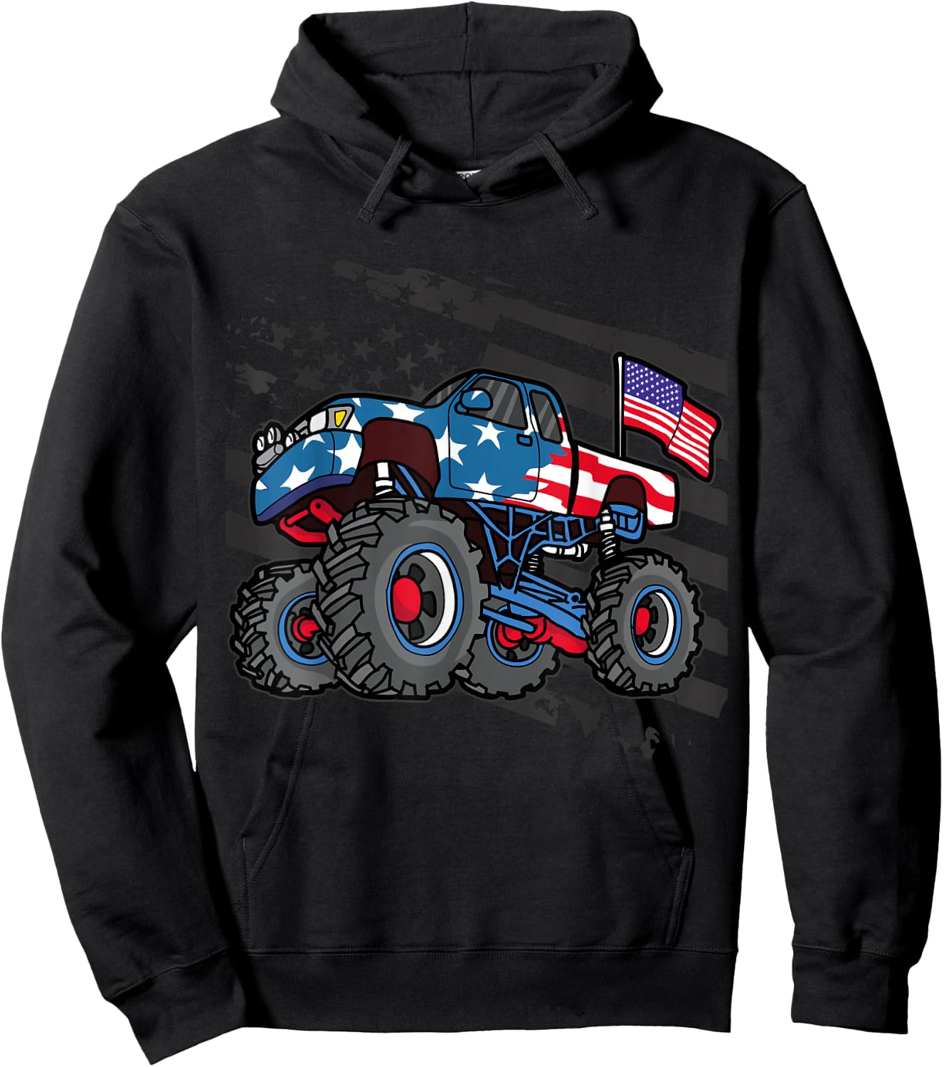 American Flag Trucker- Men Women Boys Monster Truck Racing Hoodie - Hoodie | Black