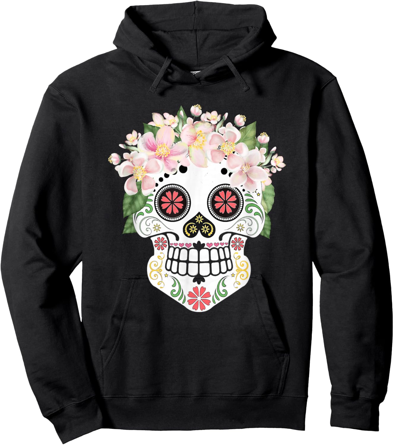 Beautiful Sugar Skull with Apple Blossom Flowers Day of Dead Hoodie - Hoodie | Black