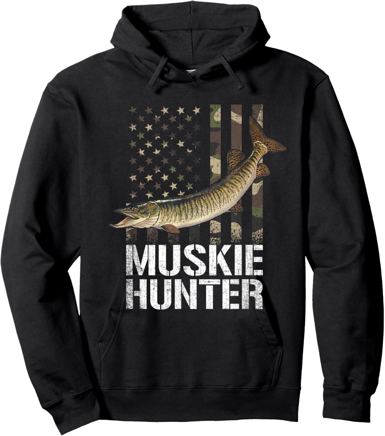 Muskie hunter, American Flag Camouflage, fishing muskie Hoodie - Hoodie | Black