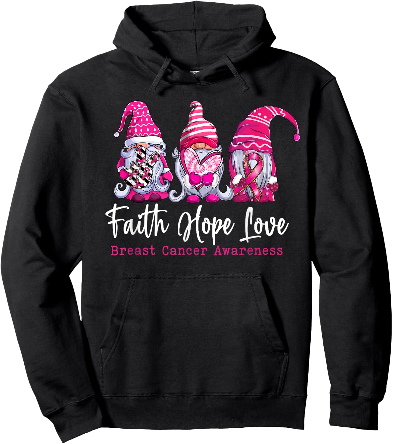 Gnomes Pink Warrior Faith Hope Love Breast Cancer Awareness Hoodie - Hoodie | Black