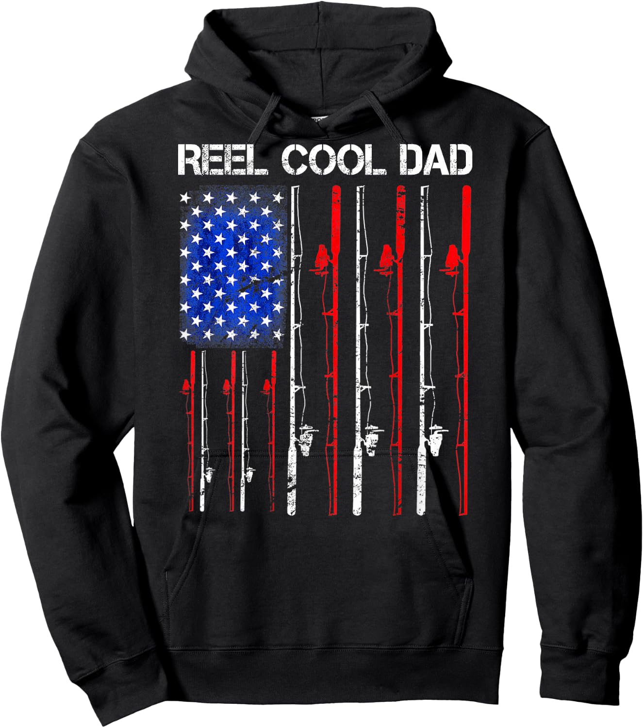 Reel Cool Dad Fishing USA Flag Patriotic 4th Of July On Back Men Hoodie - Hoodie | Black