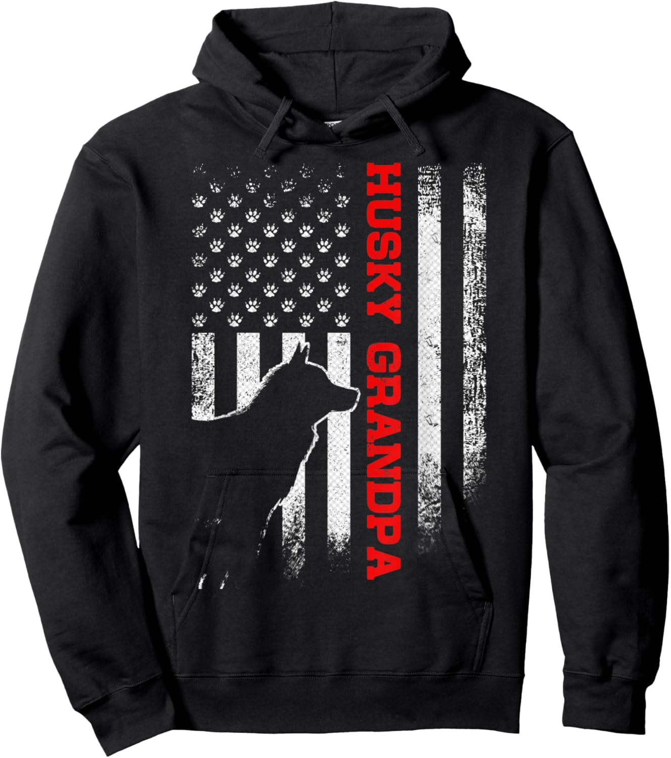 Vintage USA American Flag Siberian Husky Grandpa Silhouette Hoodie - Hoodie | Black