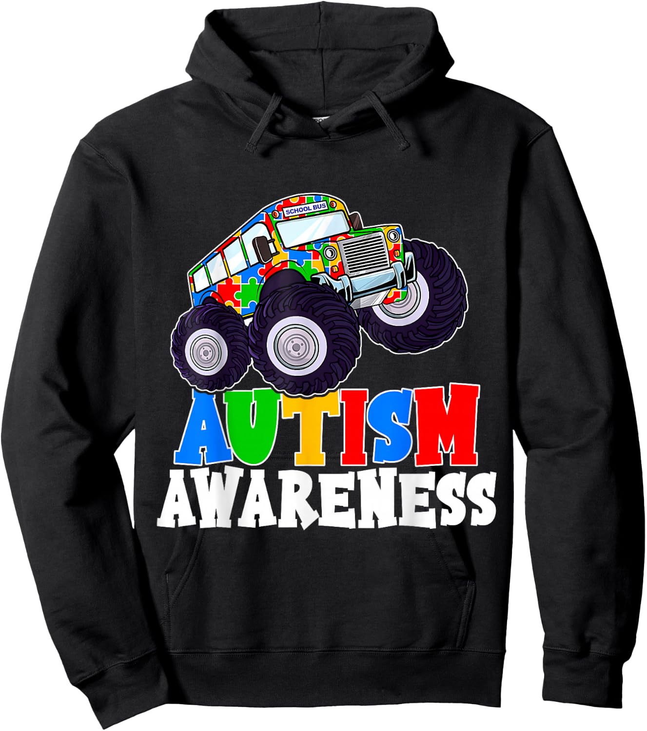 Monster Truck School Bus Puzzle Piece Autism Awareness Gifts Hoodie - Hoodie | Black