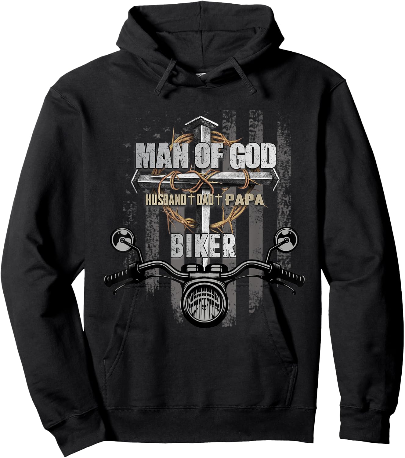 Man of God Husband Dad Papa Biker Christian Cross US Flag Hoodie - Hoodie | Black